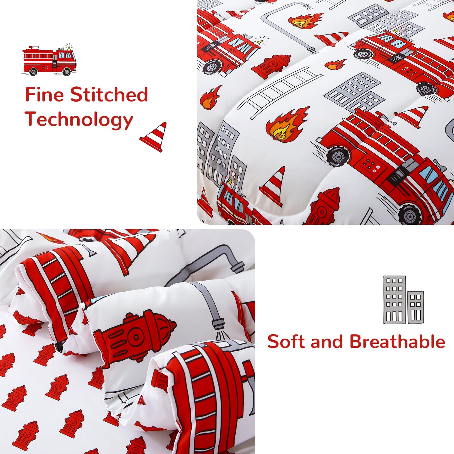 Mooreeke Kids Twin Comforter Sets for Boys 6 Pieces Fire Truck White Bedding Set for Teens Soft Microfiber Kids Bed in A Bag with Comforter, Sheet Set, Shams and Decorative Toy Pillow All Season