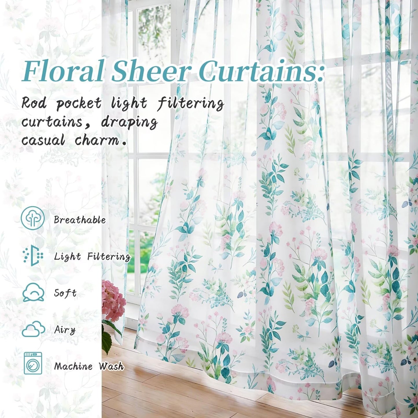 youleyar Floral Sheer Curtains for Living Room 84 Inches Long 2 Panels White Semi-Sheer Curtain with Pink Floral Printed Pattern Summer/Spring Rod Pocket Voile Drapes for Bedroom, 52" W x 84" L