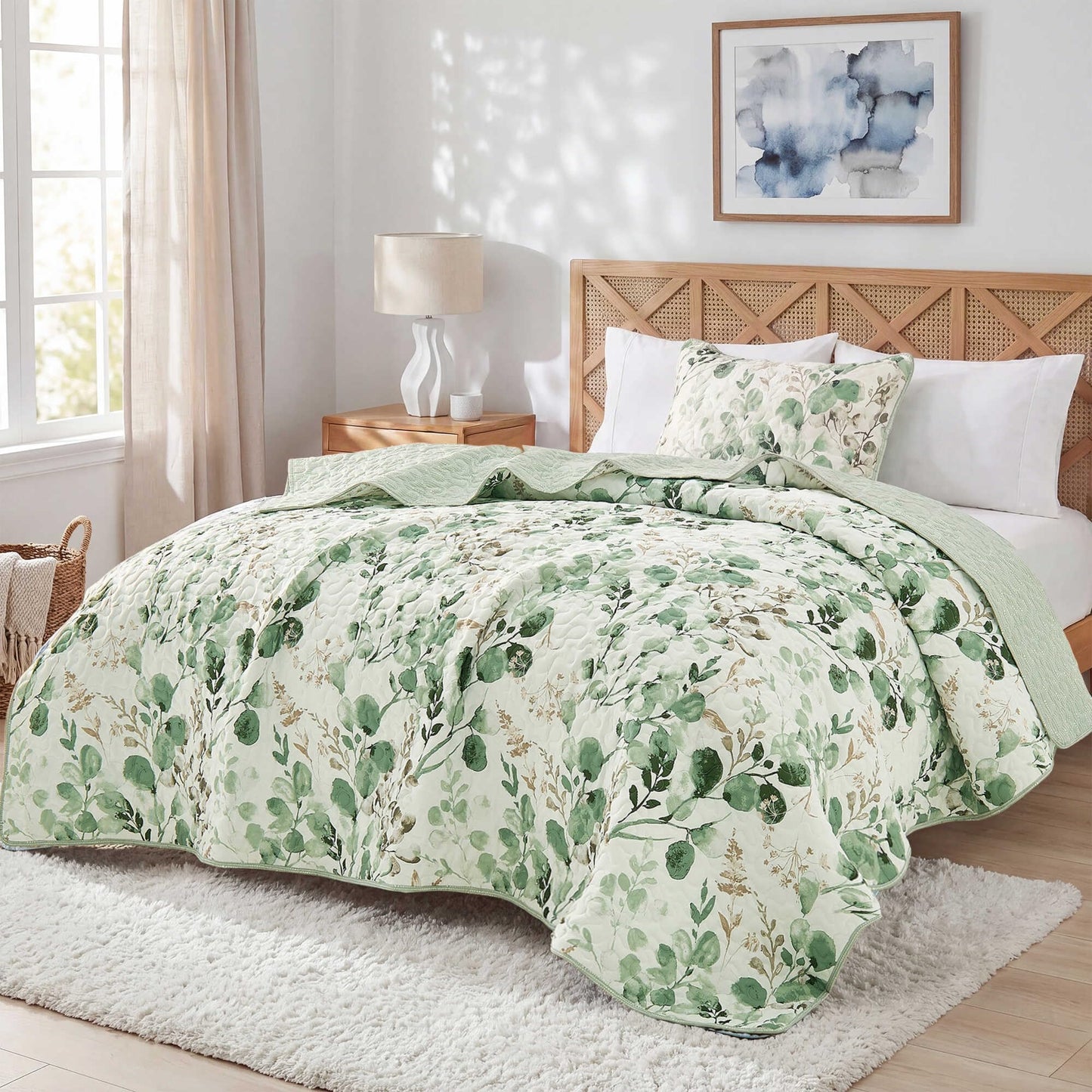 Regency Heights Quilt Set Quilted Bedspread Reversible Lightweight Floral Printed Oversized Quilted Bedding Set with Shams 2pc, Twin Size, Green