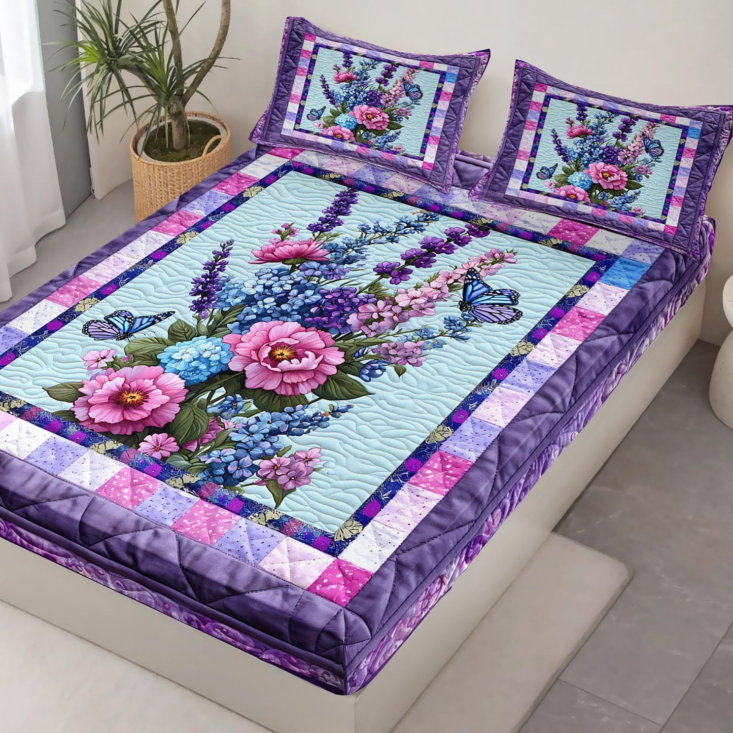 AILONEN Purple Floral Fitted Sheet Set Twin XL Size, Lavender Butterfly Bedding Set for Kids Teens Girls Women,Flower Plaid Bed Sheet Set,1 Fitted Sheet + 2 Pillowcases,3Pcs