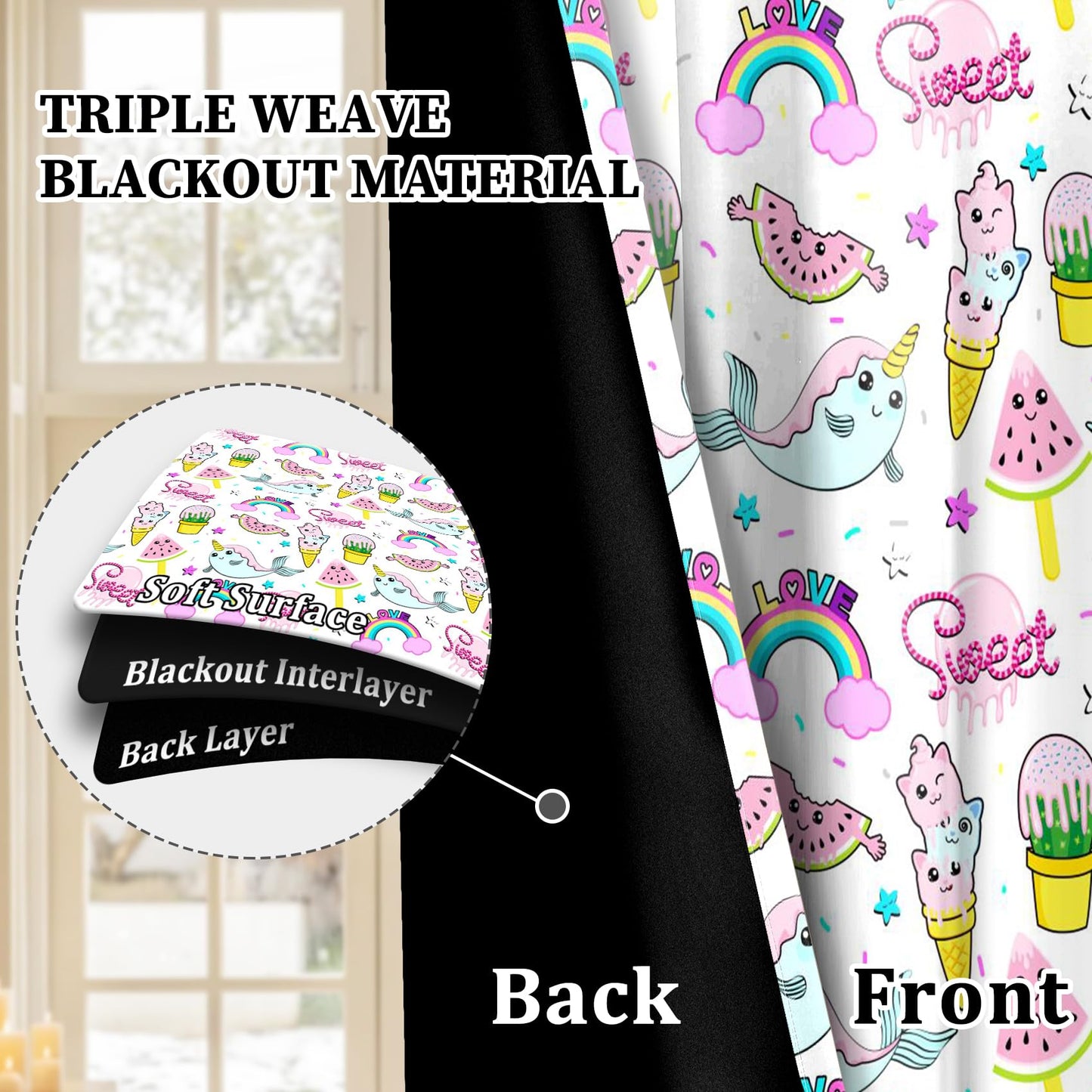 AOFOTO Cute Unicorn Narwhal Rainbow Pattern Kids Bedroom Curtains 2 Panel Sets, Summer Watermelon Ice Cream Print Blackout Curtains Pink Window Drapes for Girls Bedroom Nursery Decor 42x63 Inches