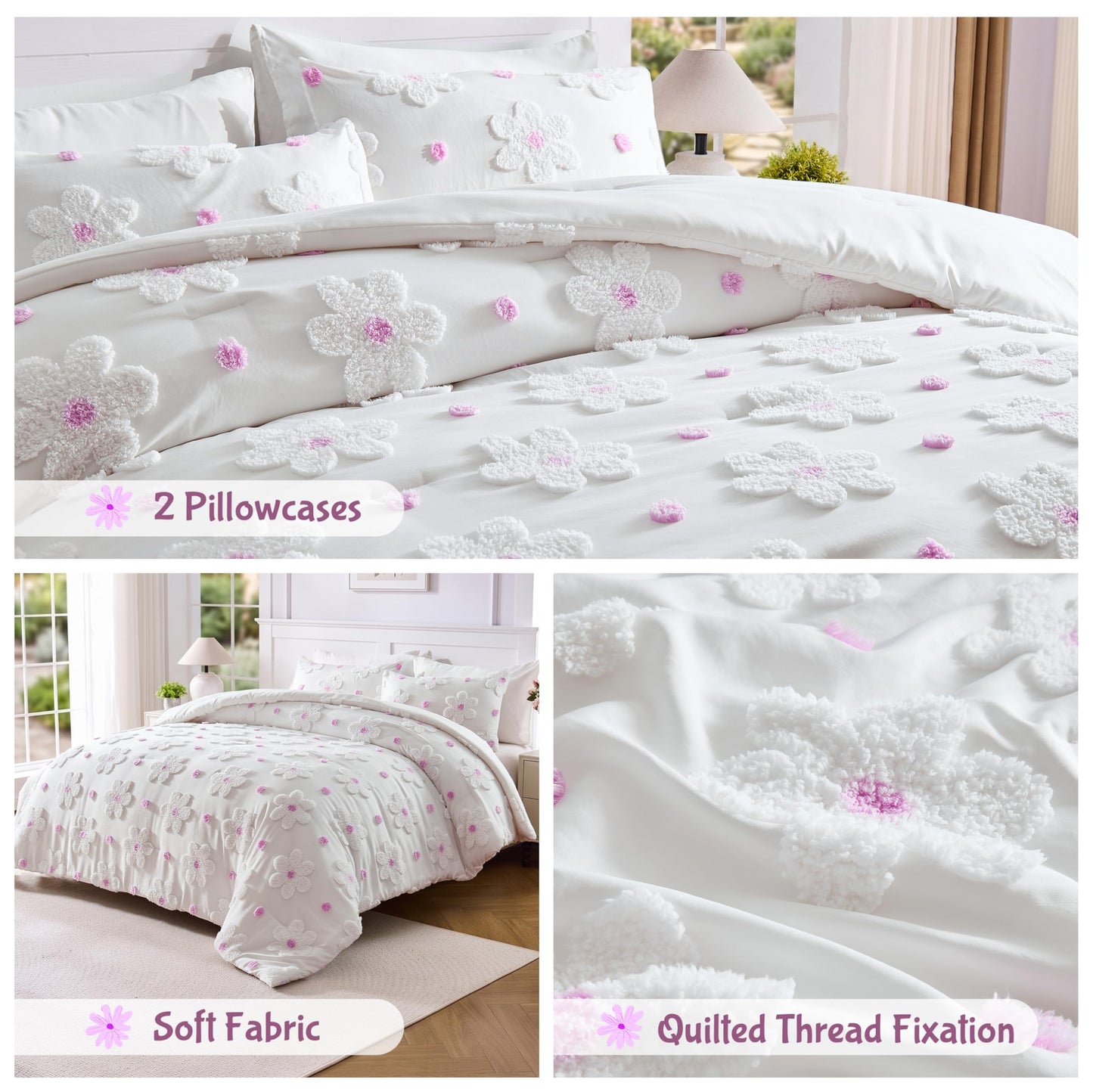 CotComf Twin Comforter Set for Girls 2 Pieces Tufted Daisies Flowers Soft Pink Floral Twin Size Bedding Set Bed in A Bag Cute Comforter Set for Kids, Lightweight Bed Set for Kids Teen Girls Women