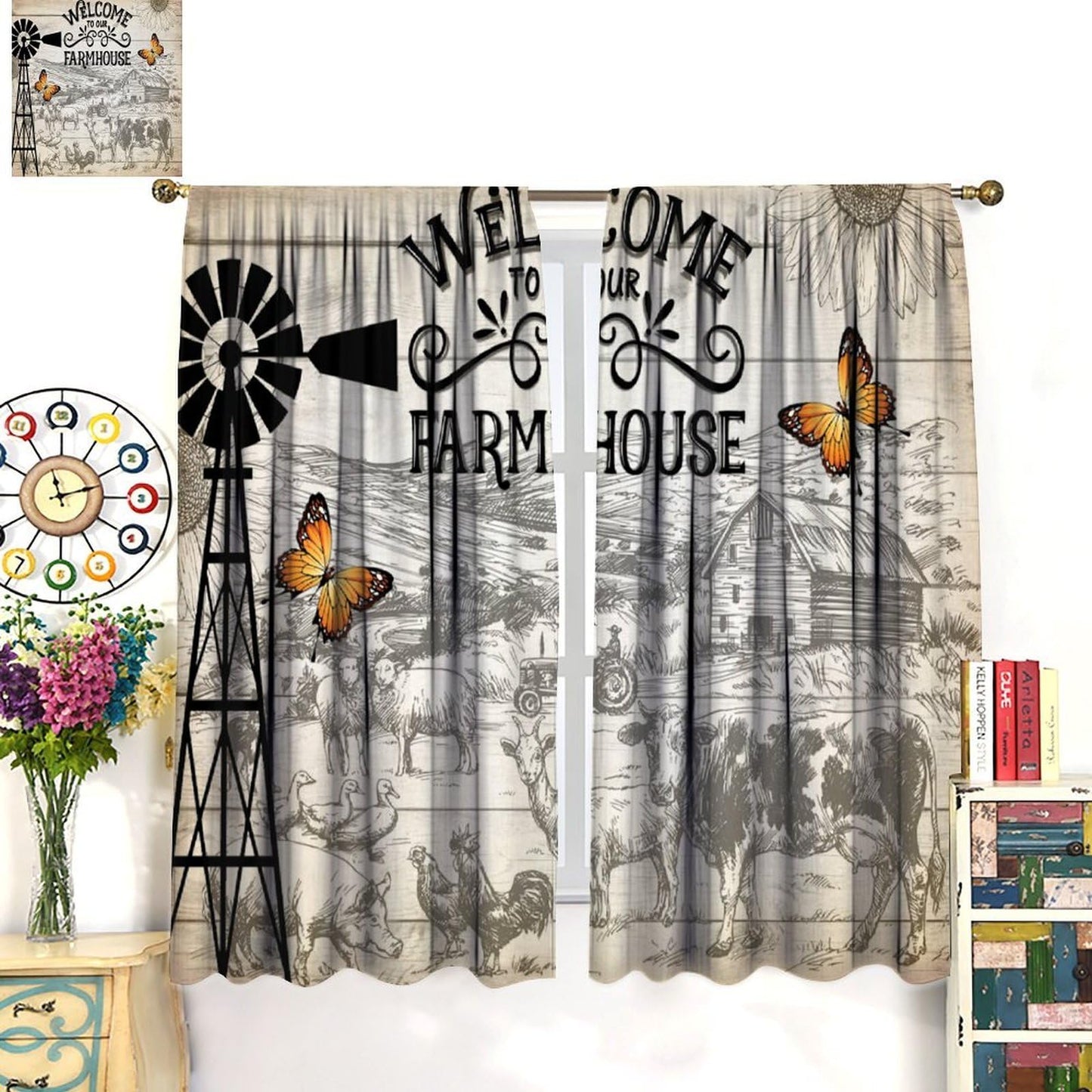 FAOTELY Rustic Farmhouse Curtain Retro Wooden Windmill Straw Bale Cattle Butterfly Animals Pattern Window Drapes for Living Room Bedroom Kitchen Cafe （W20xL45 Inch） x2 Decor