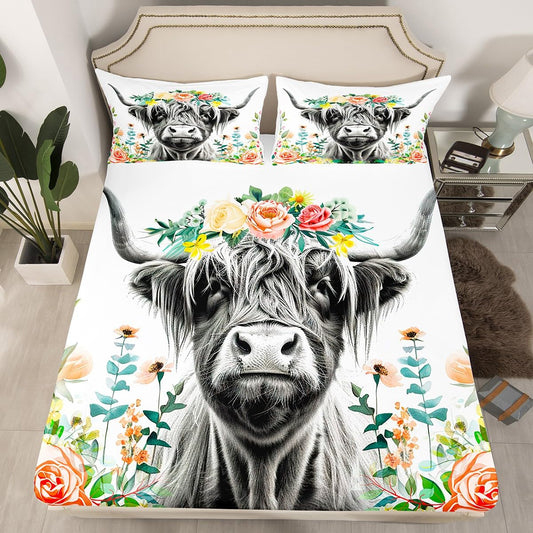 Highland Cow Bed Sheet Set for Girls Boys Kids Bull Cattle Flowers Bedding Set Wild Animal Fitted Sheet & Pillow Sham Set Floral Room Decor Wildlife Farmhouse Cow Bed Cover No Flat Sheet Twin Size