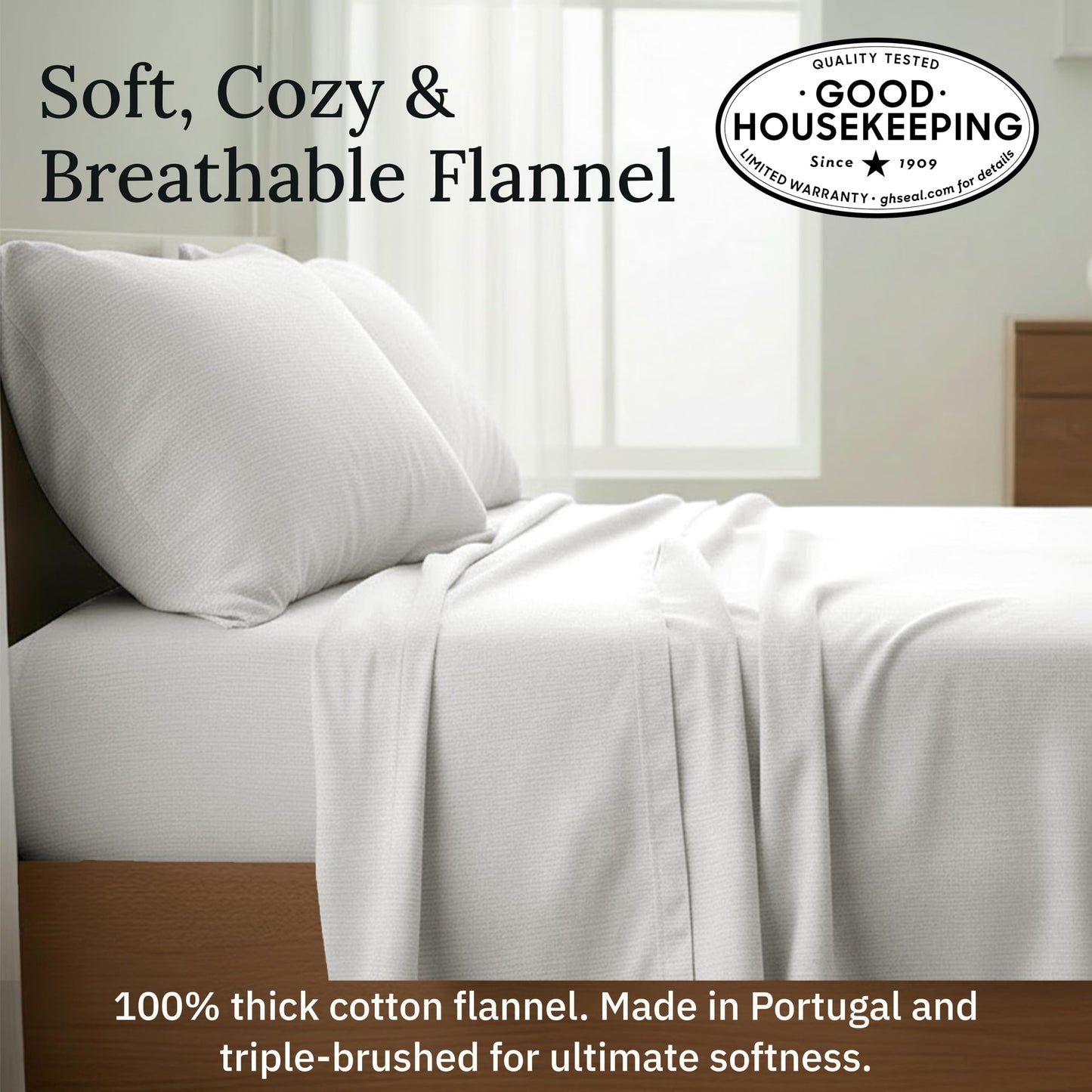 California Design Den Yarn Dyed Flannel Bed Sheets Queen Size Set - Made in Portugal, 4-Pc 100% Cotton Flannel Sheets Queen, Thick, Velvet Soft, Triple-Brushed, Extra Deep Pockets - Cream Stripe