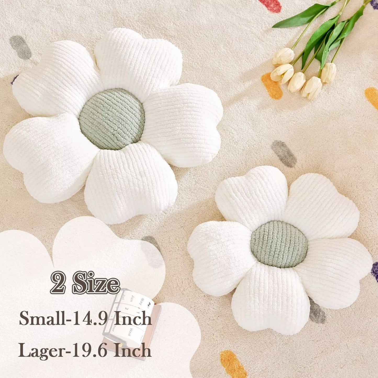 Kcvvcr Flower Throw Pillow, Cute Flower Shaped Pillow Decorative Throw Pillow for Bed Couch, Soft Daisy Pillows Floor Seating Cushion Cushions (14.9 Inch White+Green)