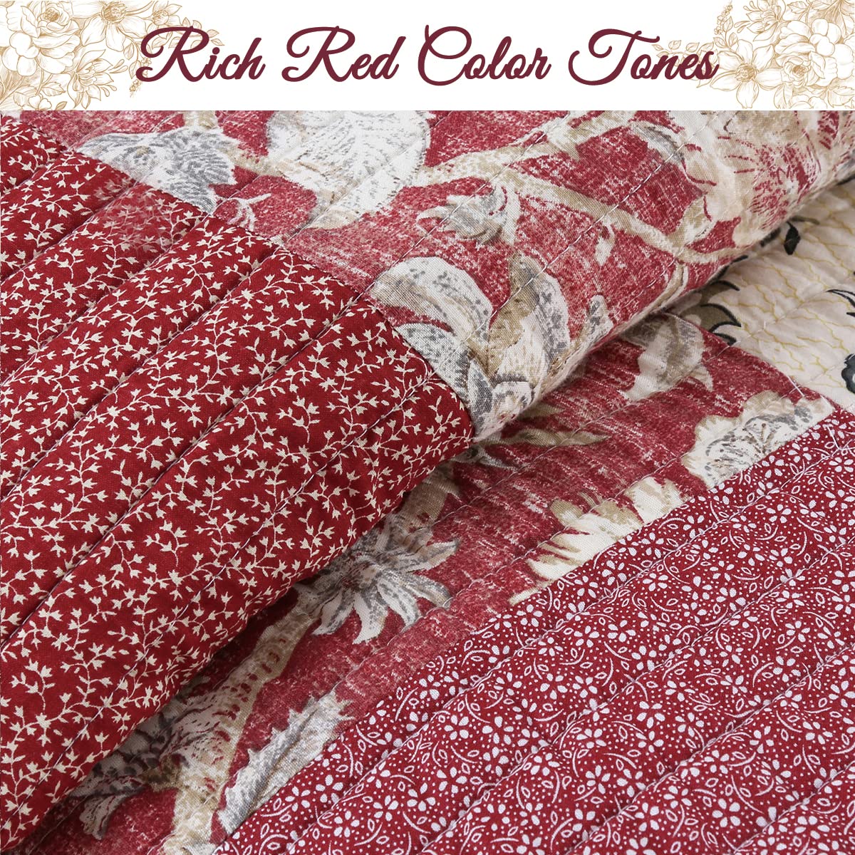 Cozy Line Home Fashions 100% Cotton Hand Piecing Real Patchwork Vintage Burgundy Rose Cottage Reversible Quilt Set, Coverlet Bedspread (Red Floral, King - 3 Piece)