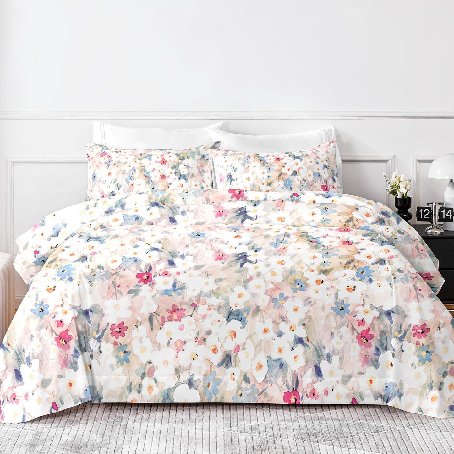 HCORA Floral Queen Sheet Set, Luxury 1800TC Hotel Quality Double Brushed Microfiber Deep Pocket Bed Sheets, Ultra Soft, Breathable and Cooling, 4PC, Queen Size