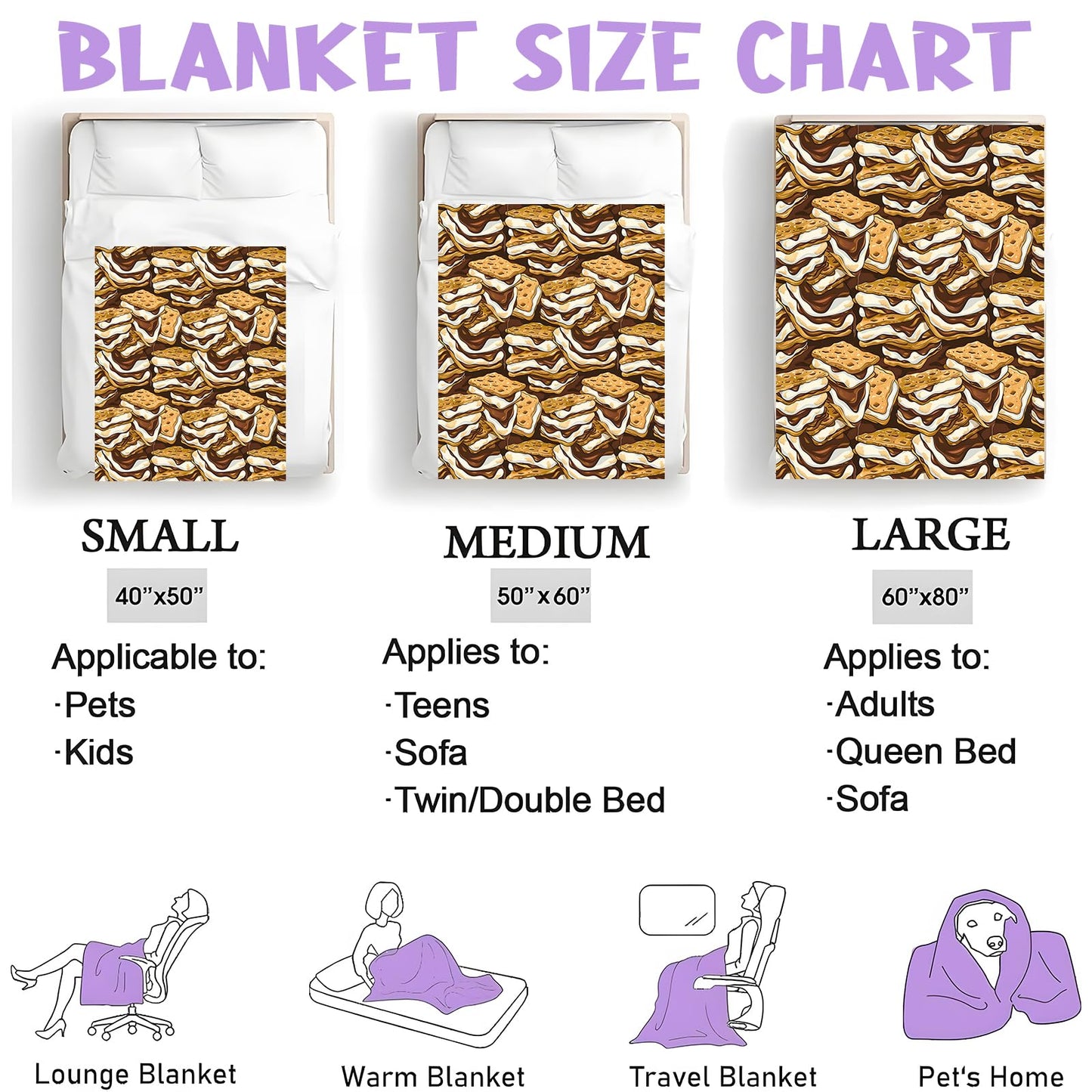 Dessert Pattern Throw Blanket for Boys Girls Kids Adults, Cozy Chocolate Marshmallow Graham Cracker Theme Flannel Blankets Gifts for Camping, Bedroom, Couch, Room Home Decor, 50"x60"