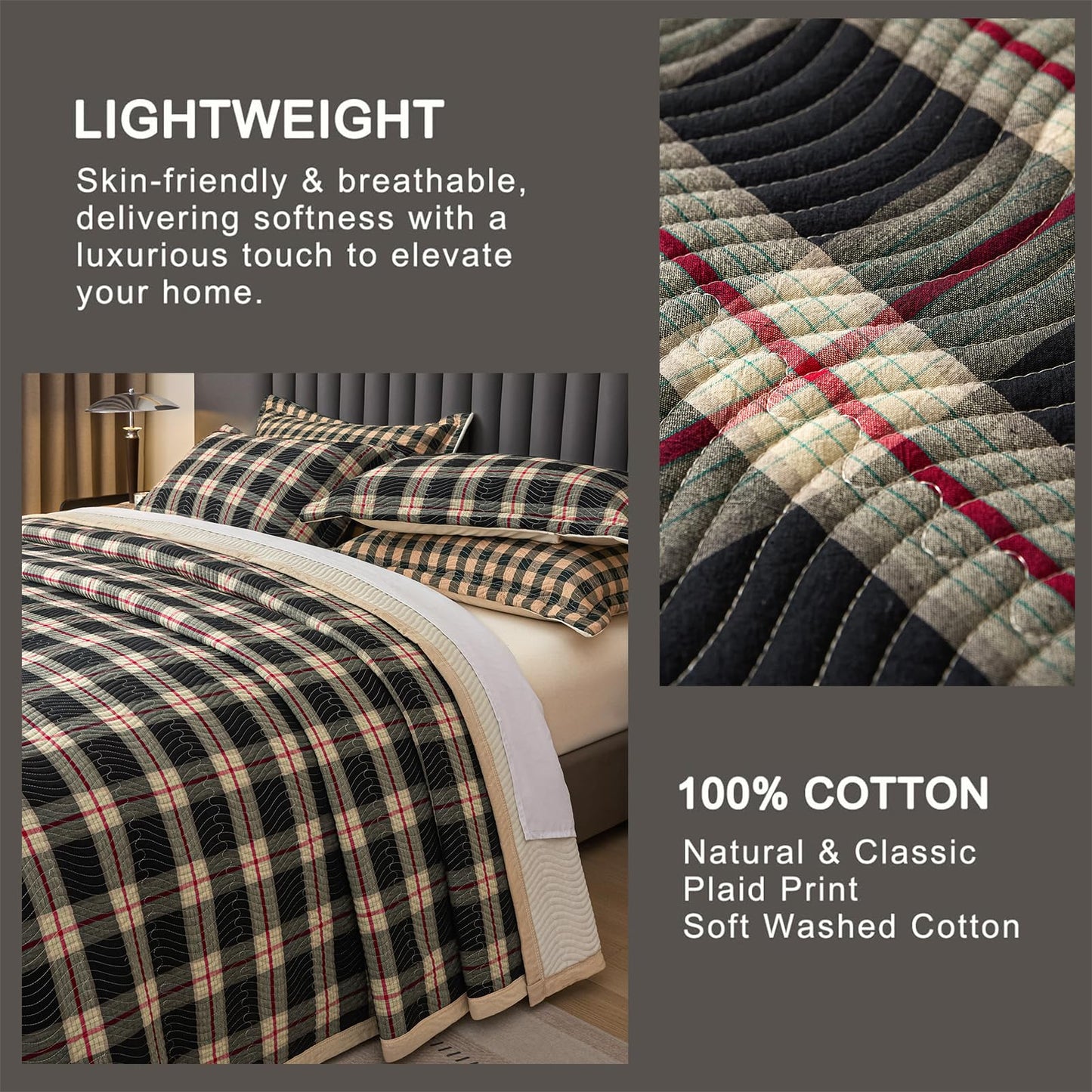 tohrisa Cotton Plaid Quilt Set, Ultra Soft 3 Pieces King Size Bedding with 2 Pillow Shams, Lightweight Reversible Coverlet Bedspread with Wave Quilting for Summer, 108"x96", Grid- Black Red