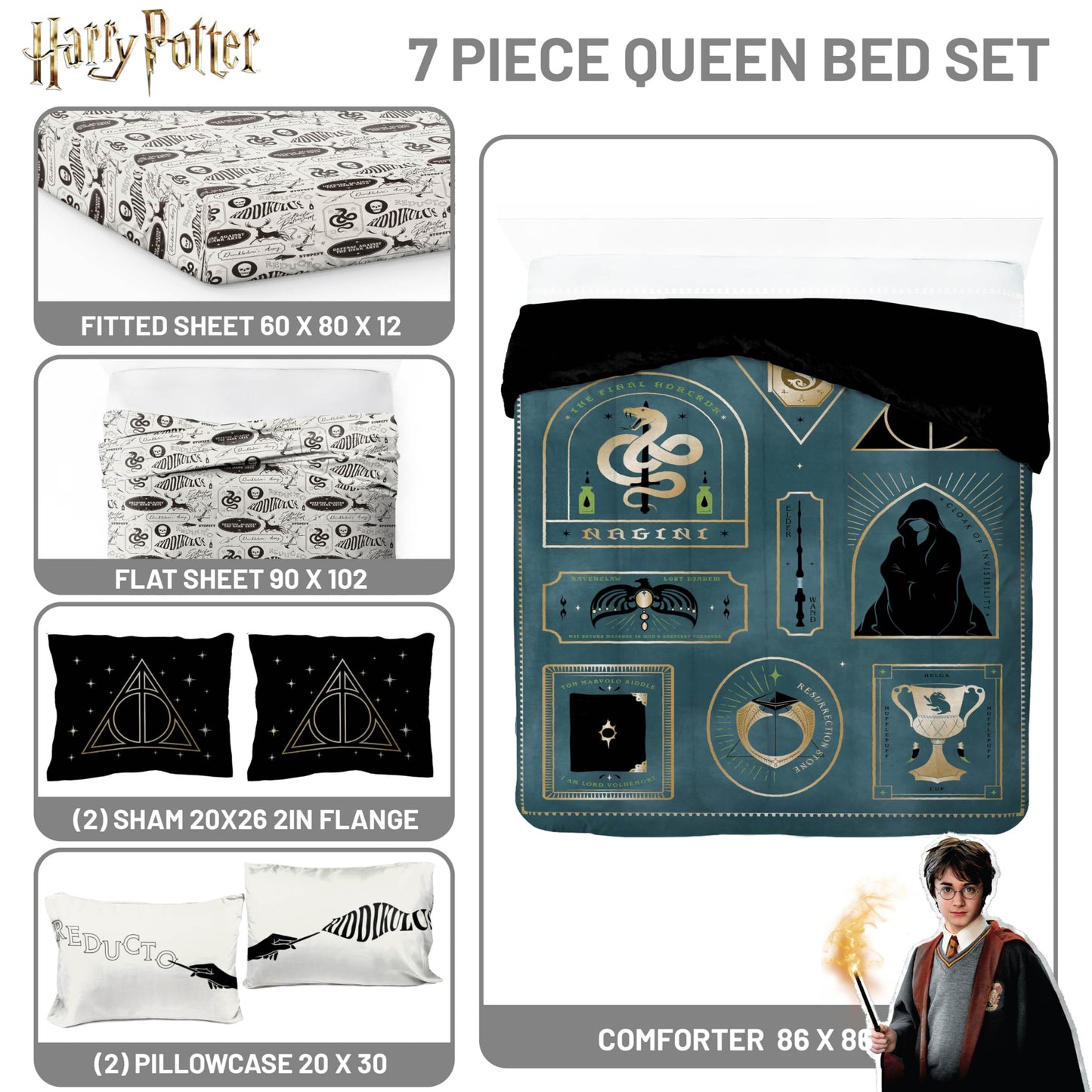 Jay Franco Kids Comforter Set Includes Sheets and Pillow Covers - Soft and Cozy Bed Set for Stylish Room Decor, Blue - Harry Potter, 7 Piece Queen Size Bedding