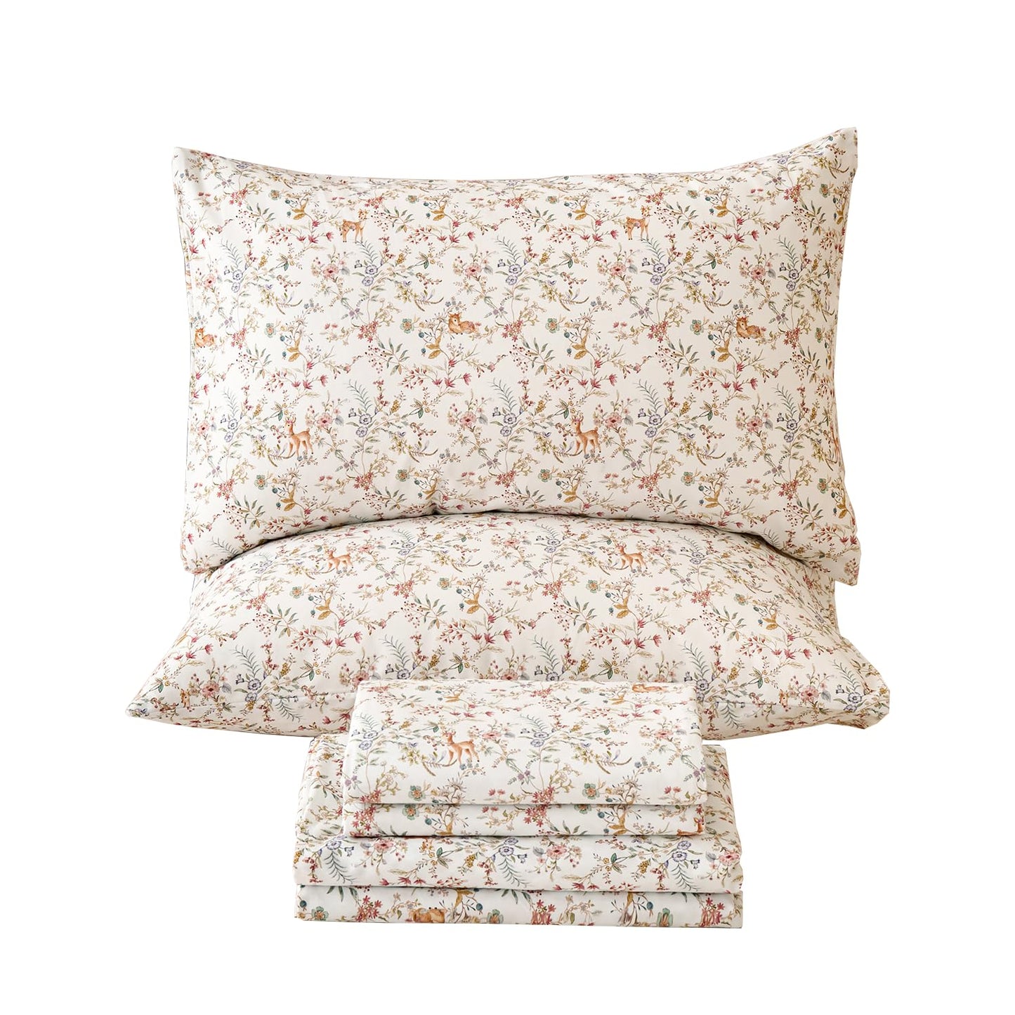 Huborise Orange King Size Sheet Set 100% Cotton Flannel-Like Warm Luxury Animal & Floral Bed Sheets 4Pc Deep Pocket 17.5", Double Brushed Extra Soft Breathable, Fall/Winter French Country Bedding