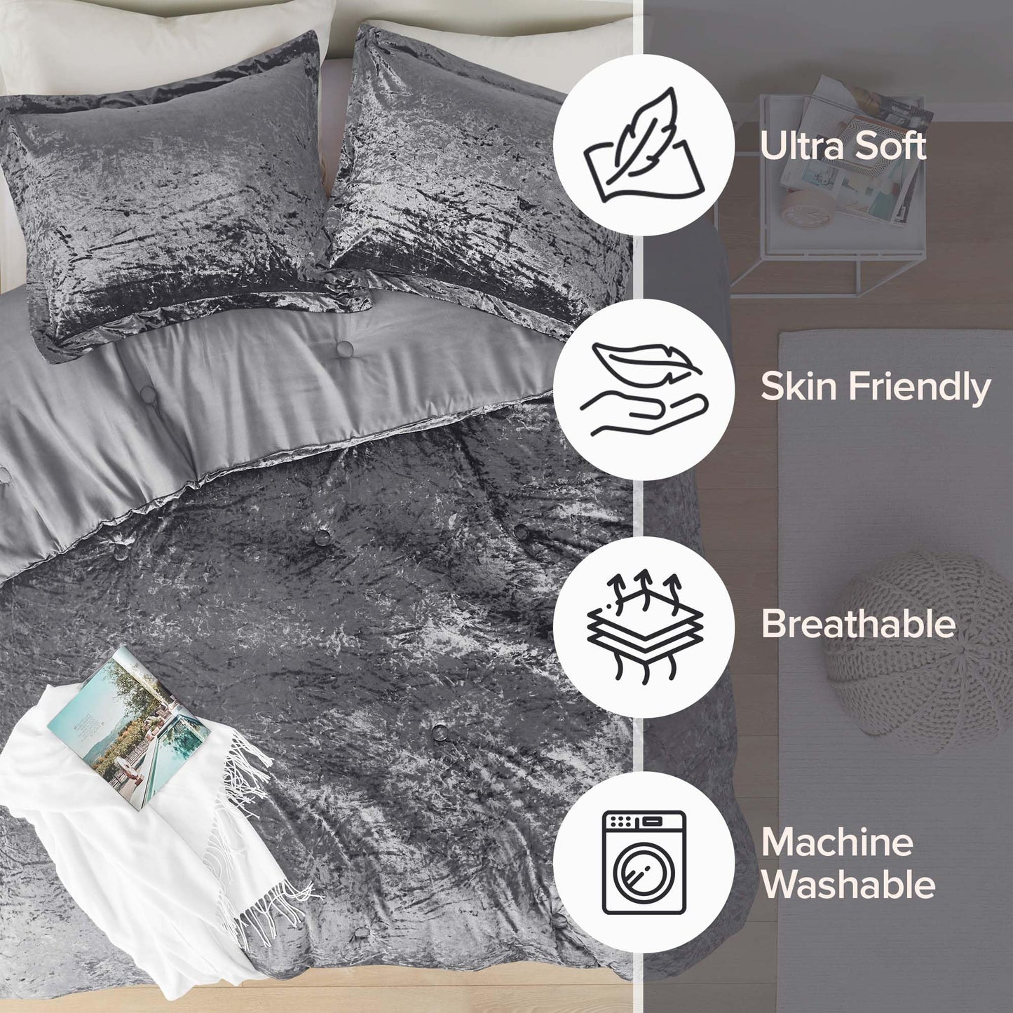 Comfort Spaces Juliette Luxe Comforter Set Velvet Lush with Soft Brushed Microfiber Reverse, All Season Cozy Velvet Bedding Sets, Fluffy Comforter Bed Set, Matching Sham, Grey Full/Queen 3 Piece