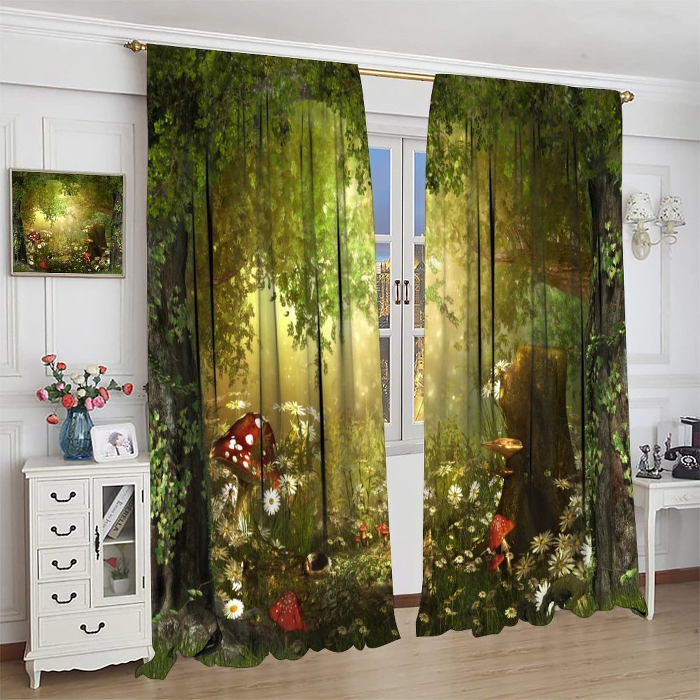 Dream Forest Curtains Beautiful and Charming Fairy Tale Lush Forest Land Mushroom Stumps Flowers Suitable for Kitchen Blackout Window Drapes Decoration 2 Panels Green 42x45 Inch