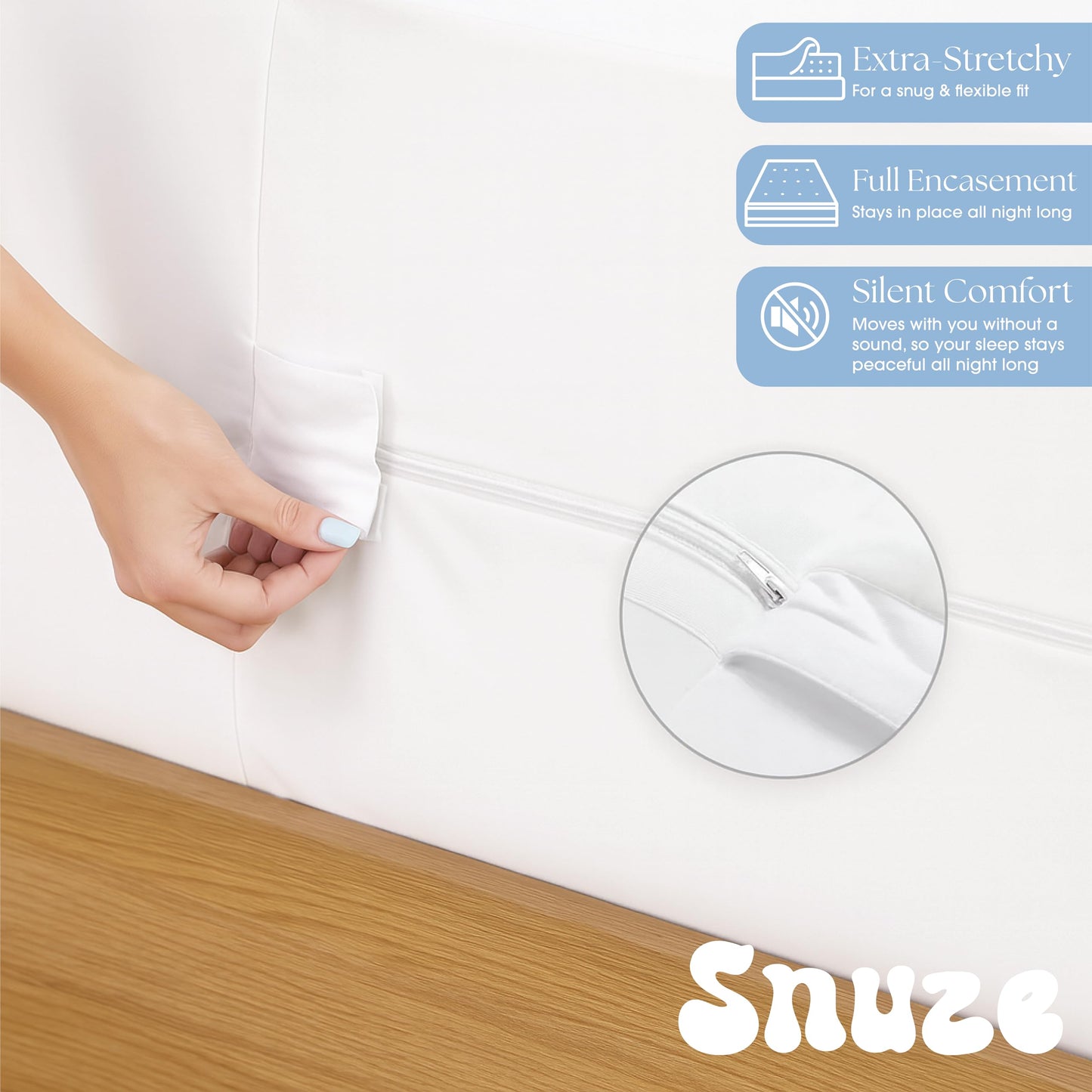 Snuze Total Protection Mattress Encasement Queen Size, 6-Sided Waterproof Mattress Cover Zippered Encasement for Allergen and Dust Protection, Machine Washable, Fits Up to 15” Deep Mattress