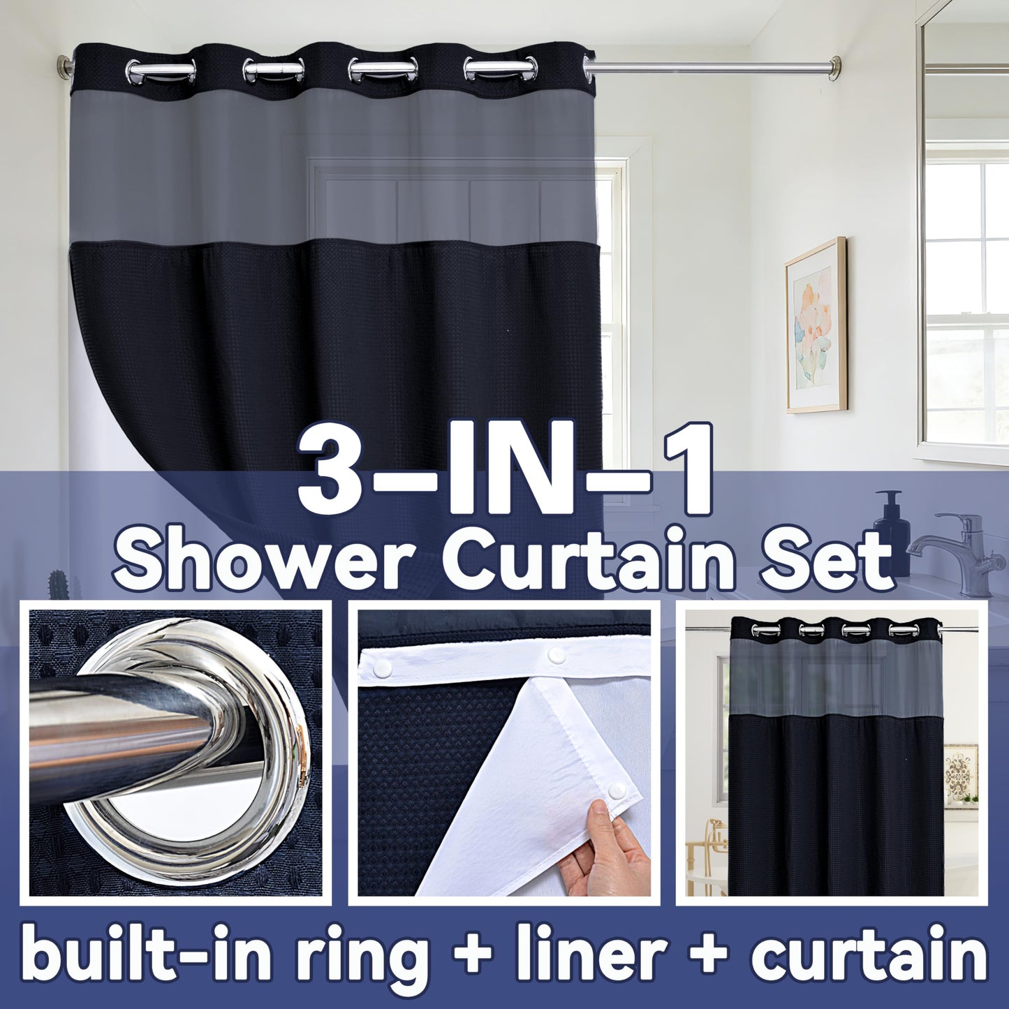 Conbo Mio No Hook Waffle Weave Shower Curtain with Snap in Liner Set, Hotel Luxury Black Shower Curtains for Bathroom with See Through Top Window, Waterproof, Washable 71W x 74H