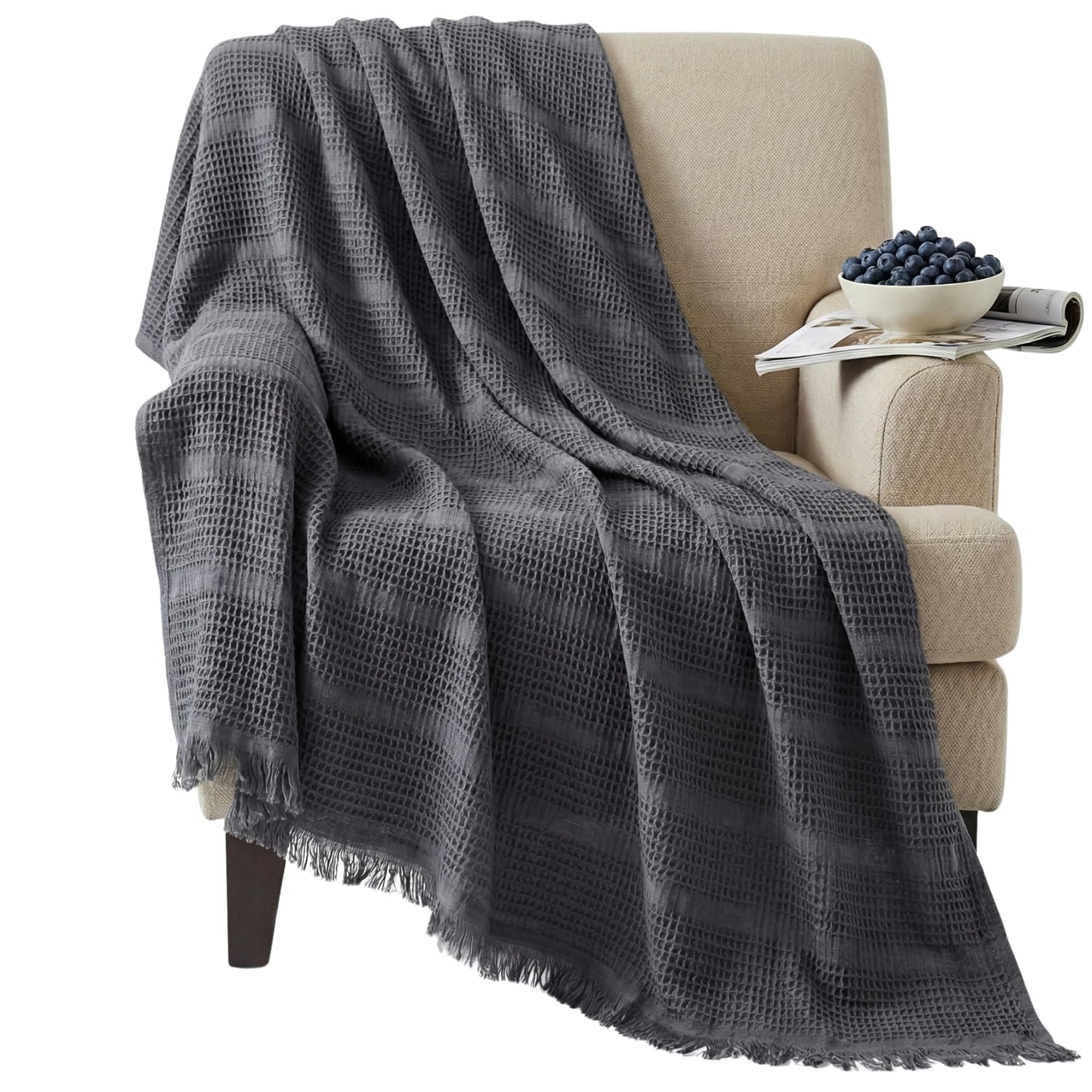 Jojomia Mira Waffle Throw Blanket with Tassels - 50x66 Inch - 100% Turkish Cotton Tencel Breathable Blend Lightweight Blanket for Couch, Sofa, Bed