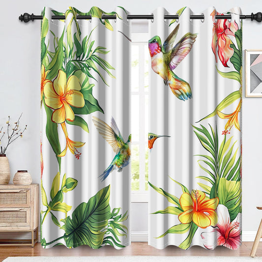 Renaiss Hummingbird Floral Blackout Curtains for Bedroom Watercolor Tropical Leaf Flower Bird Window Curtain Natural Plants Thermal Insulated Grommet Drapes for Living Room 2 Panels Set, 42x84 Inch