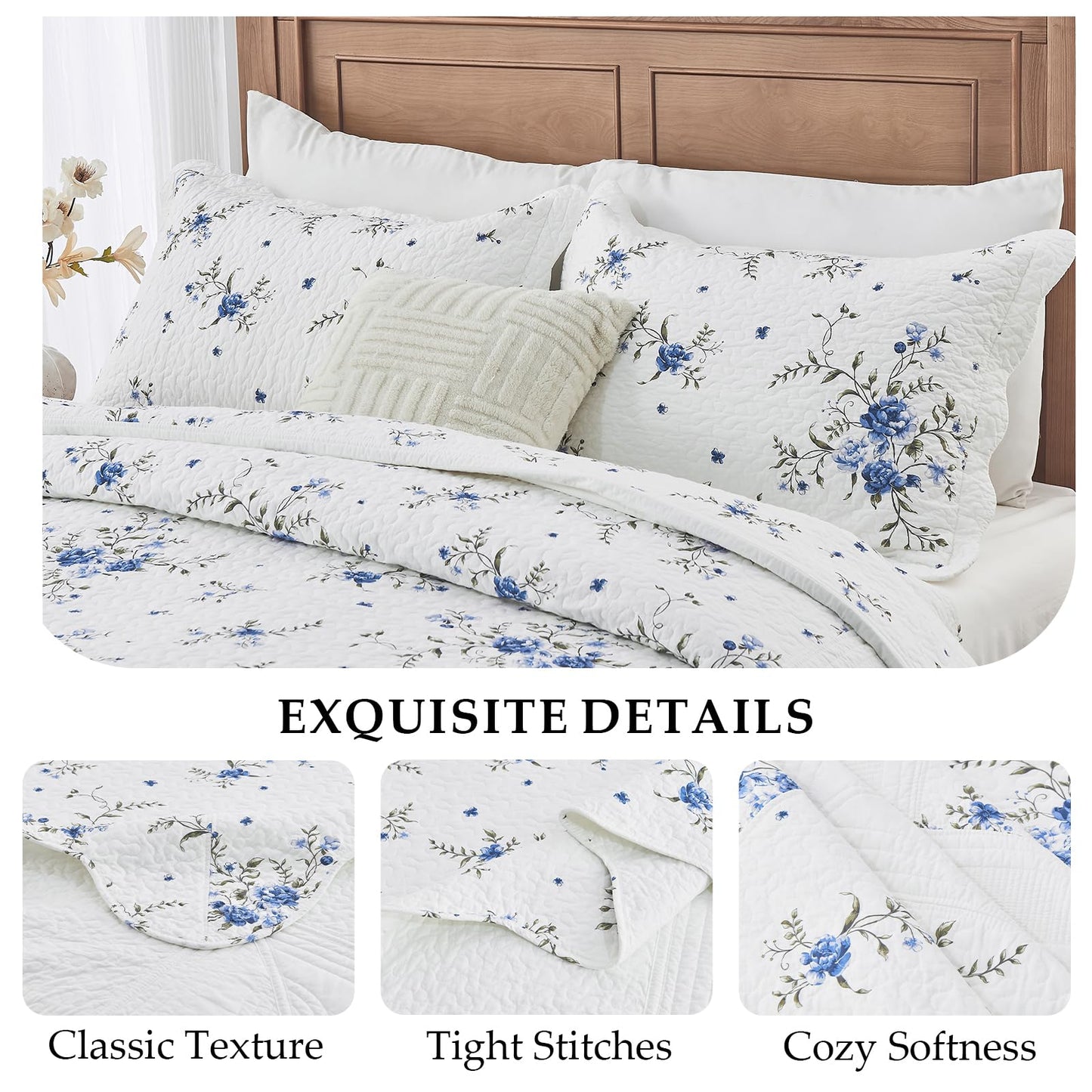 CozyStitch Floral Bedspread 128"x120" California King Quilt, 100% Cotton XL Oversized King Bedspread Coverlet Set with 2 Pillowshams, Lightweight Farmhouse Quilted Comforter, White/Blue/Green, 3 Pcs