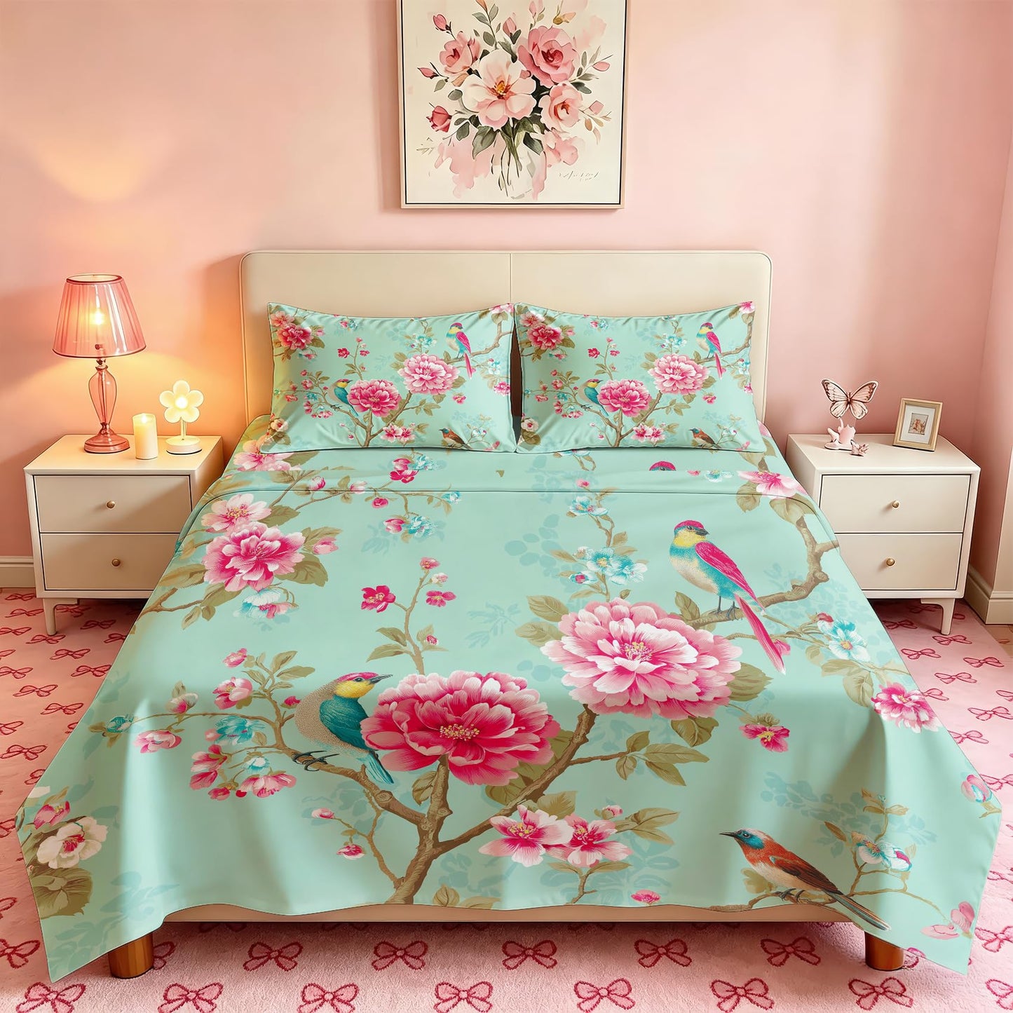 Bird and Peony Bedding Set 4 Pcs Chinoiserie King Sheets