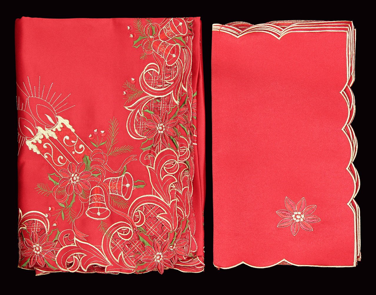 Creative Linens Holiday Christmas Embroidered Poinsettia Candle Bell Tablecloth 70x90 Rectangular with 8 Napkins RED Gold