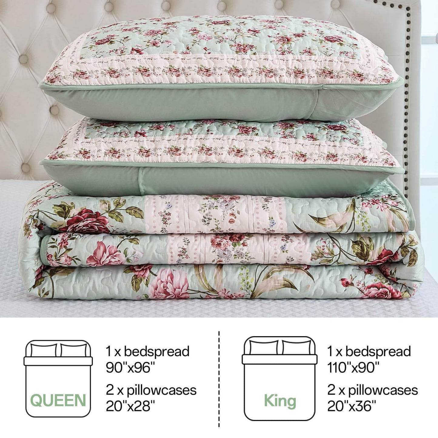 Xruibed Floral Quilt Set Queen Size, 3PCs Antique Rose Green Bedspread Coverlet Set, Lightweight Soft Microfiber Green Quilt Set with 2 Pillowcases for All Season (Queen Size 96"x90")