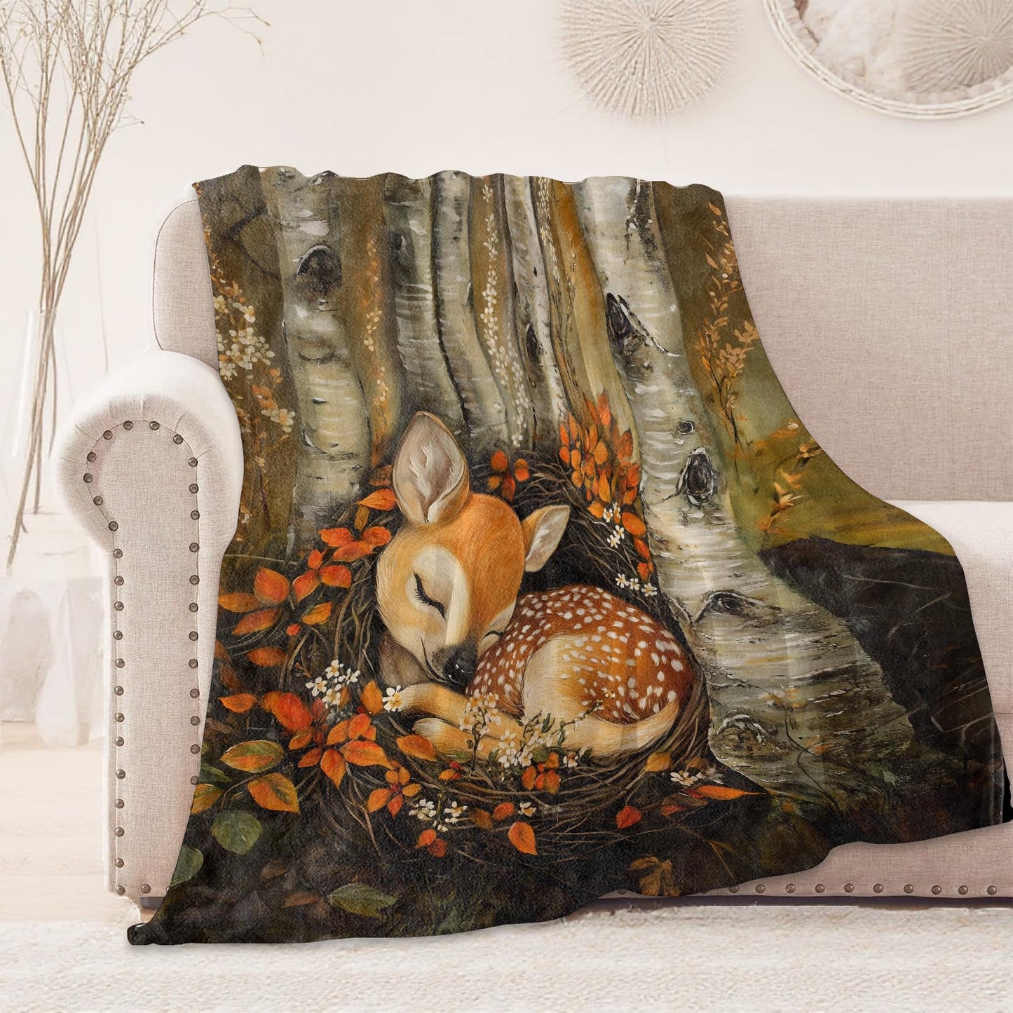 onlcuk Autumn Deer Blanket, Cozy Flannel Fall Leaf and Wildflower Blankets, All Season Soft Throw for Travel Home Decor, Lightweight Sofa Bed Throws, Gifts for Women Girls Fawn Lovers, 50"×60"