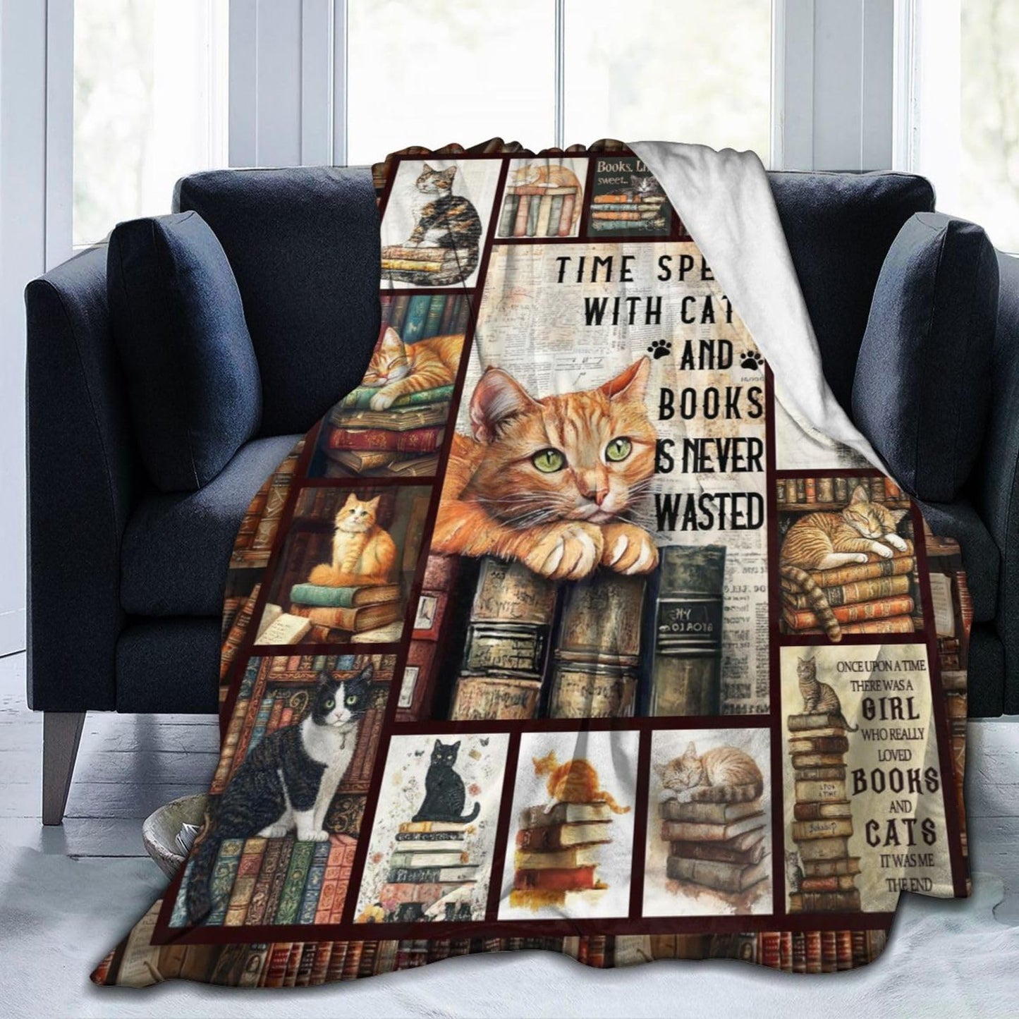 Dynova Cat Blanket Cozy Plush Book Throw Blankets Cozy Plush Cats Books Lovers Gifts Fuzzy Flannel Fleece for Women Men Girls Boys 50"X40"