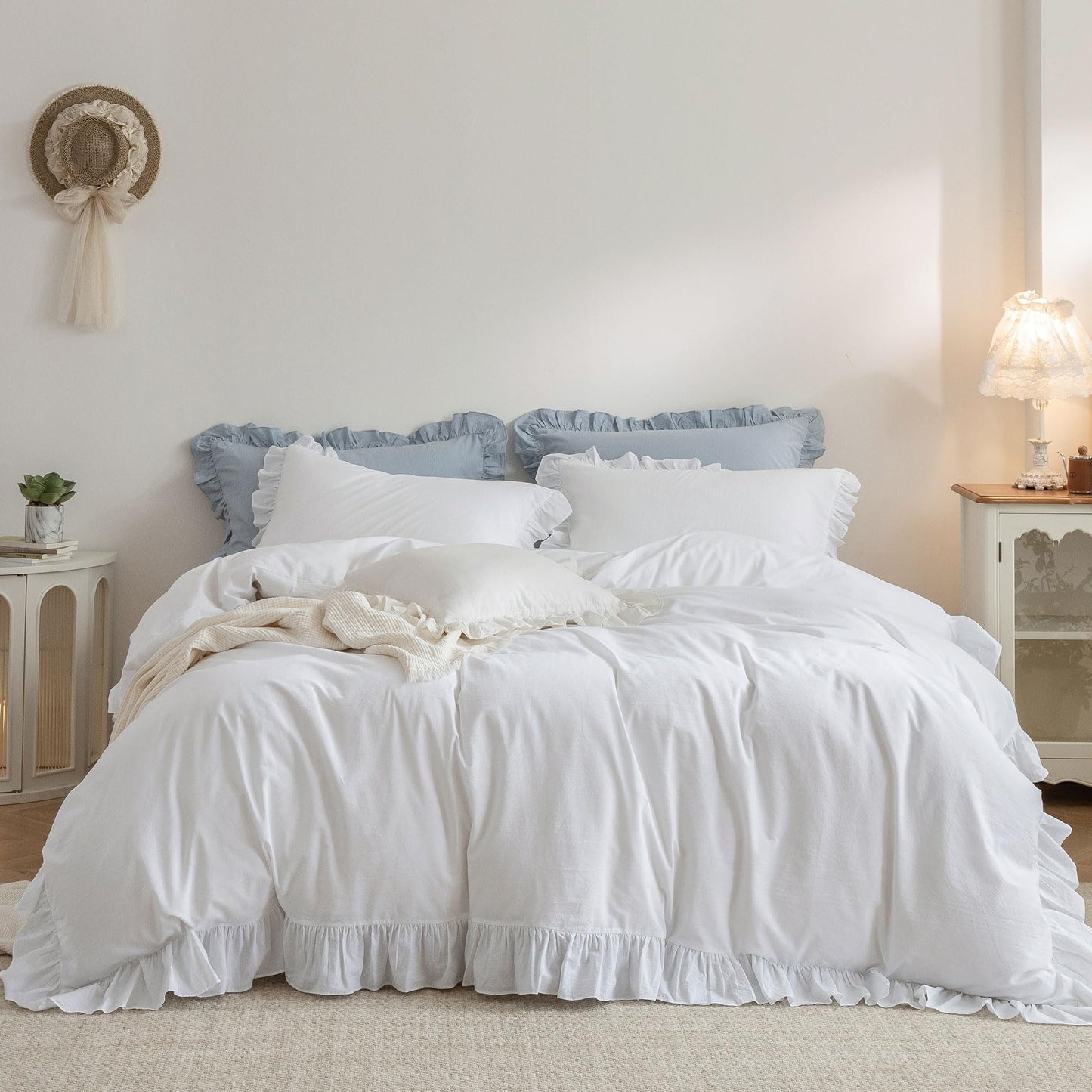 Ruffle Duvet Cover Queen Size: 100% Washed Cotton Linen Like Textured Soft
