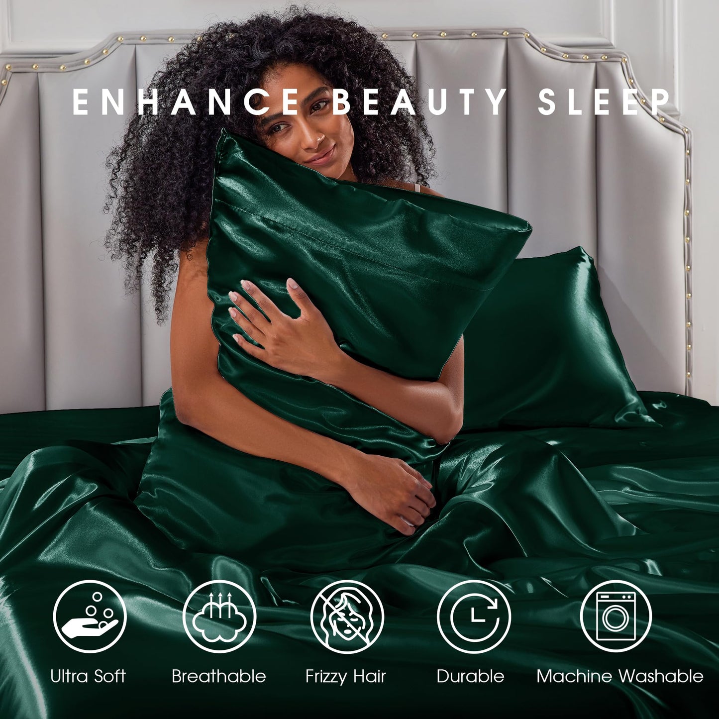 FreshCulture Satin Sheets Full Size - 4 Piece Luxury Soft Silky Full Size Bed Sheets, Similar to Silk Bed Sheet Set with 1 Deep Pocket Fitted Sheet, 1 Flat Sheet & 2 Pillowcases (Dark Green)