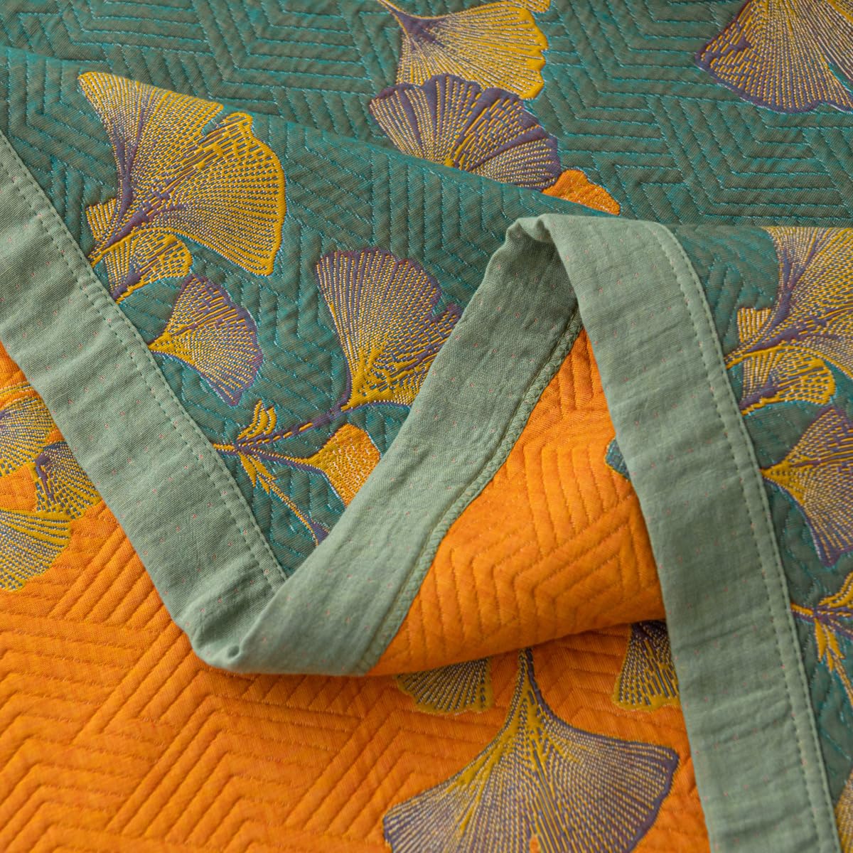 Purefair 100% Cotton Jacquard Quilt Floral Ginkgo Leaves Print,Soft Muslin Bed Cover 3 Layers Reversible Bedspread Coverlet Breathable Lightweight Bedding,Full/Queen(78"x94"), No Pillow Sham