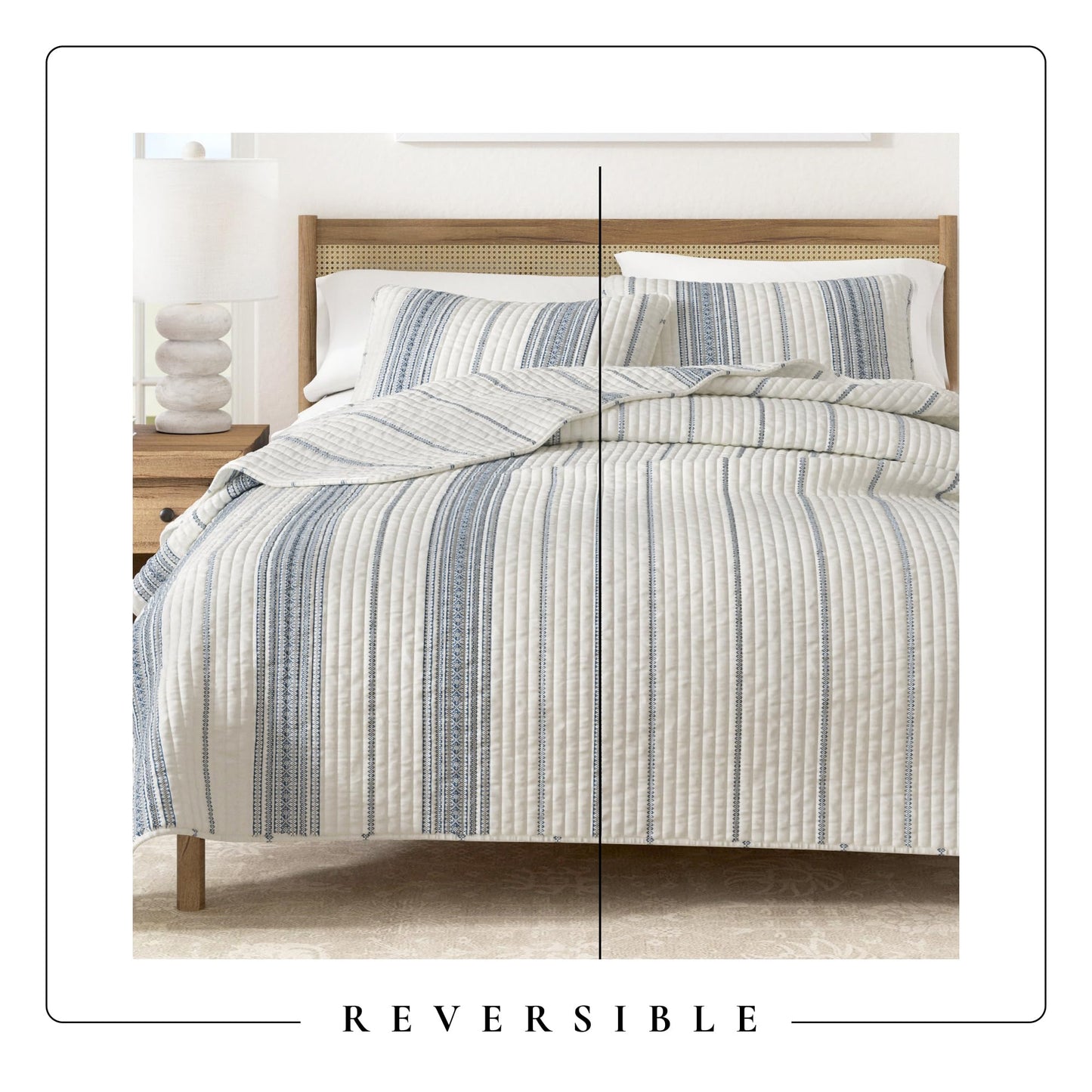 Great Bay Home Striped Quilt Set - 3-Piece Full/Queen Size Farmhouse Bedding Set - Lightweight, All-Season, Reversible Bedspread (Cream/Navy)