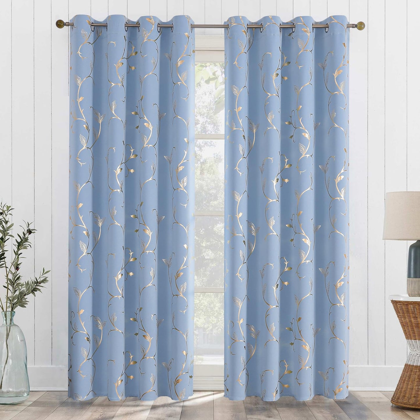 BUHUA Blackout Curtains Gold Foil Print Flower Vine Grommet Drapes, Room Darkening Thermal Insulated Curtains, Noise Reducing Blackout Curtain for Bedroom, Blue, 52Wx84L, 2 Panels