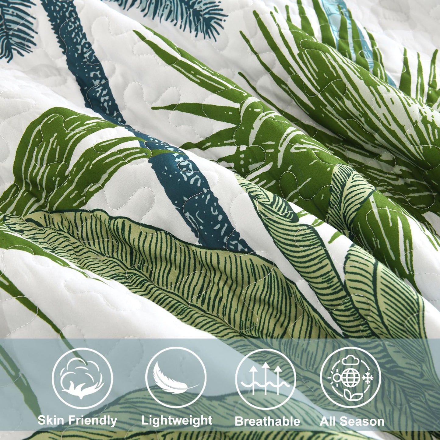 Luxudecor Tropical Plants Quilt Set Queen Size 3 Pieces Green and Blue Palm Botanical Bedspread Rainforest Style Bedding Set Soft Lightweight Bed Cover All Season 96"x90"