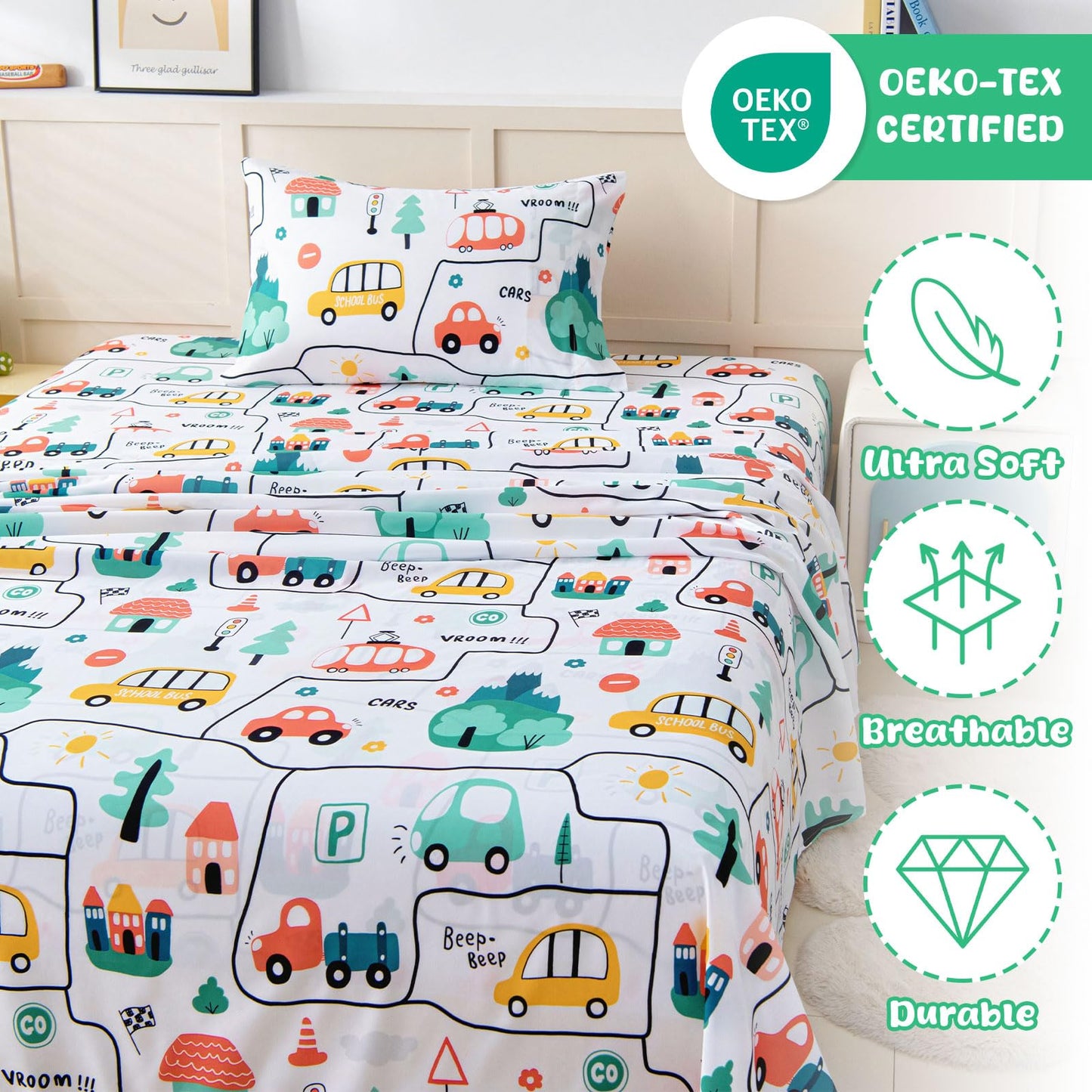 Swiftify Twin Bed Sheets Set for Boys, 3-Piece Bed Sheet Set for Toddler, Soft Brushed Microfiber Bedding, Deep Pocket, Wrinkle & Fade Resistant, Fun Car
