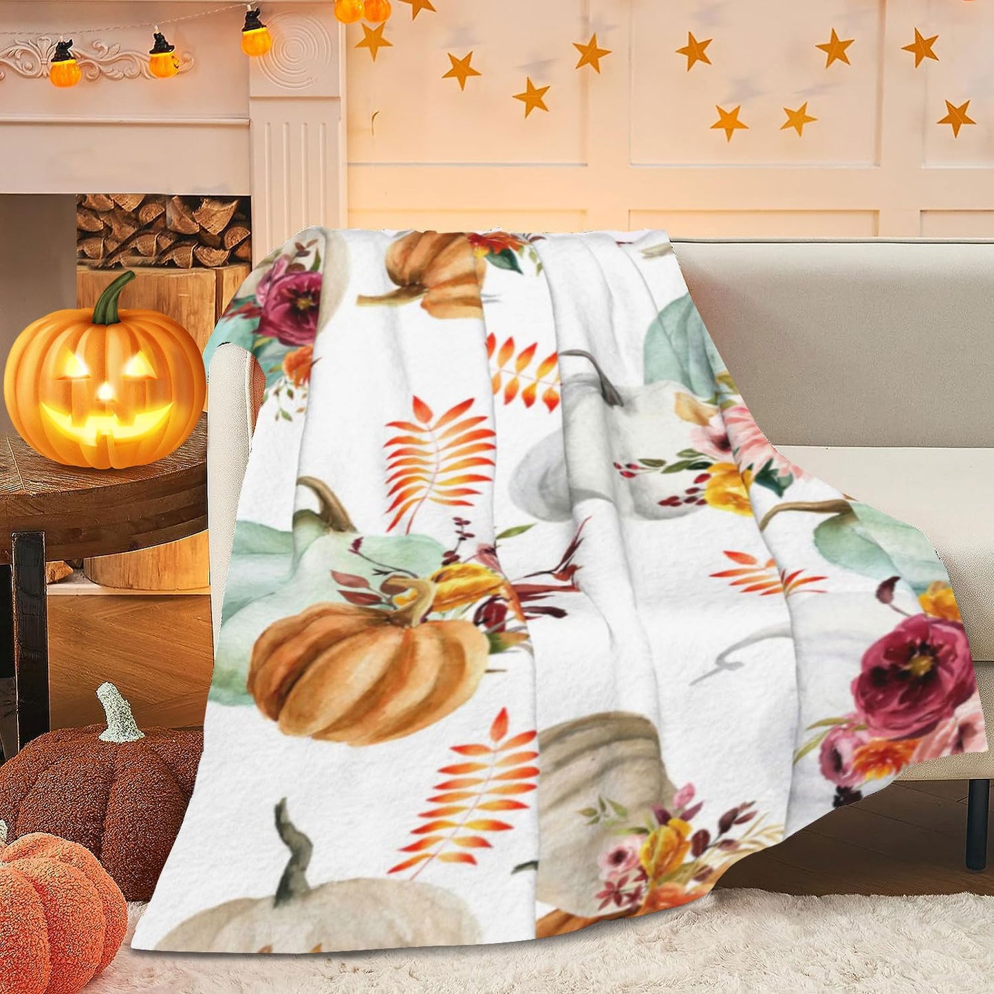 Nextchange Autumn Decor Fleece Throw Blankets, Fall Decor Throw Blanket with Pumpkins Leaves for Bed Couch Sofa, Lightweight Soft Warm Fuzzy Cozy Flannel Blanket 60" x 80"