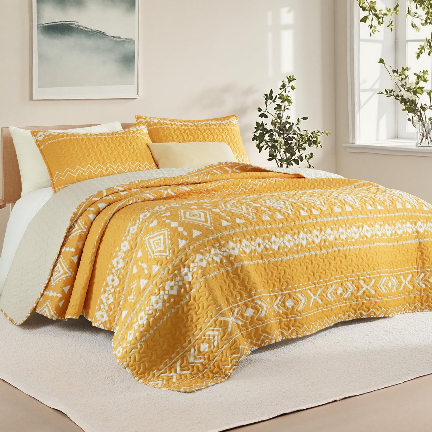 Whale Flotilla Full Queen Size Quilt Set - Reversible Yellow Quilts Queen Size with 2 Pillow Shams, Lightweight Boho Striped Bedspreads Coverlet Bedding Set for All Seasons