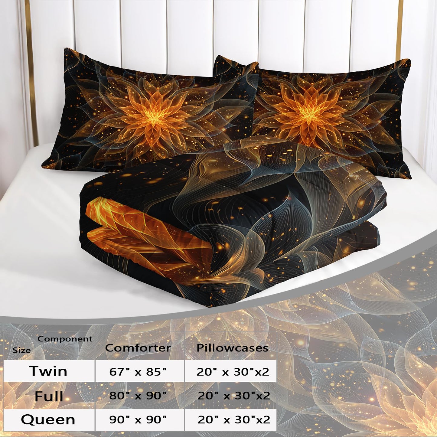 AILONEN Gold Lotus Queen Size Comforter Set - Boho Mandala Floral Duvet with 2 Pillowcases - 3Pcs Exotic Flowers Printed Black Bedding Set for Boys Girls