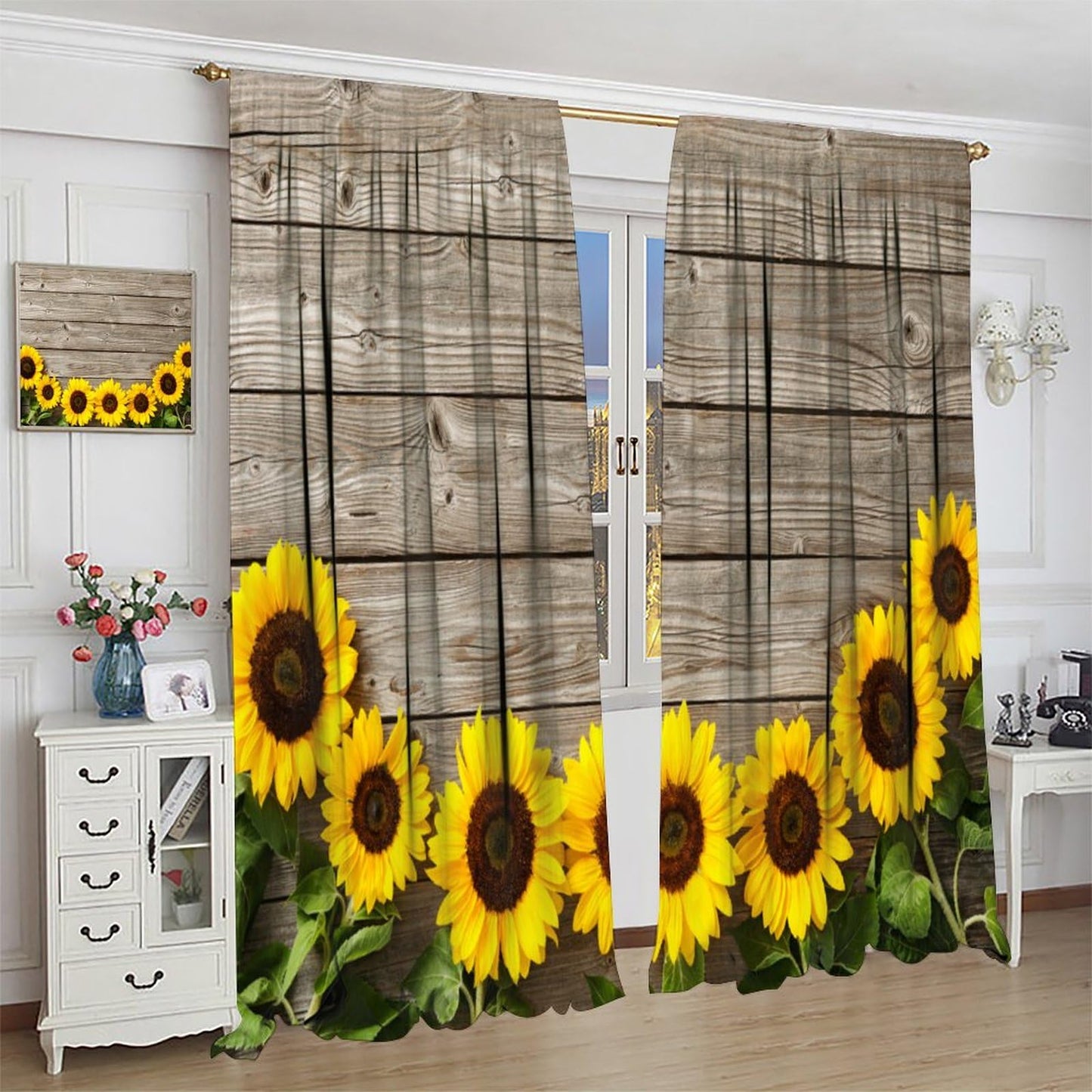 Focusbrite Sunflower Window Curtains,Rustic Country Flower Art Printed Window Drapes for Living Room Bedroom Kitchen Home Set 2 Panels,42x45 Inches