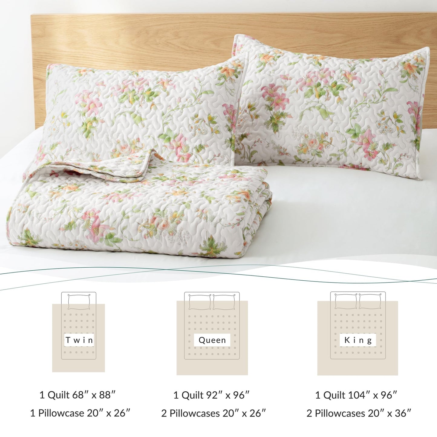 Exclusivo Mezcla Floral Quilt King Size, Faint Yellow King Size Quilt Bedding Set with Pink Lily Flowers Pattern, Reversible Lightweight Bedspreads Coverlets Bed Cover for All Seasons (104"x96")