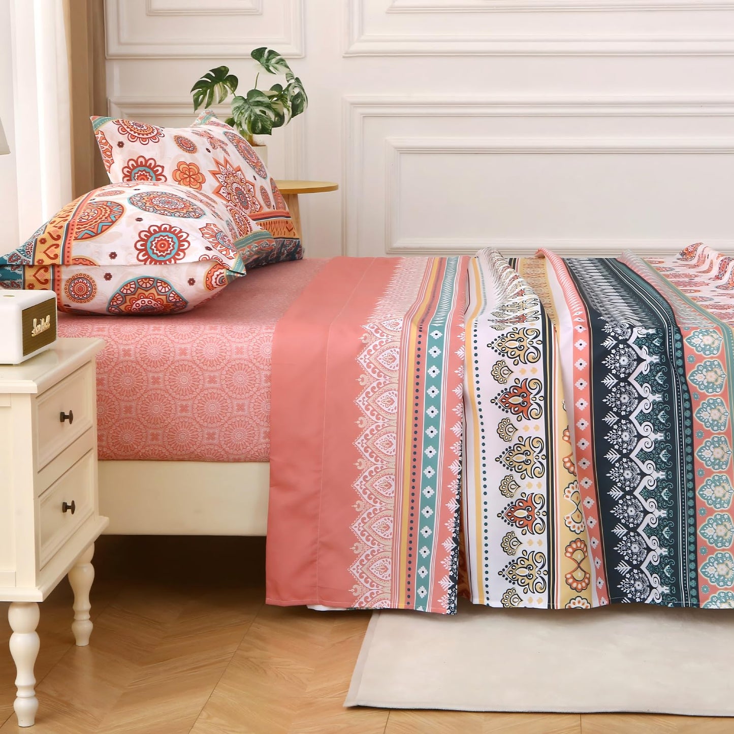 MUXHOMO Queen Size 4 Piece Sheet Set, Soft & Breathable Sheet for Bedroom with Deep Pocket Up to 16", Wrinkle-Free & Cooling Bed Sheet with Flat Sheet, Fitted Sheet & Pillowcases - Bohemian Flowers