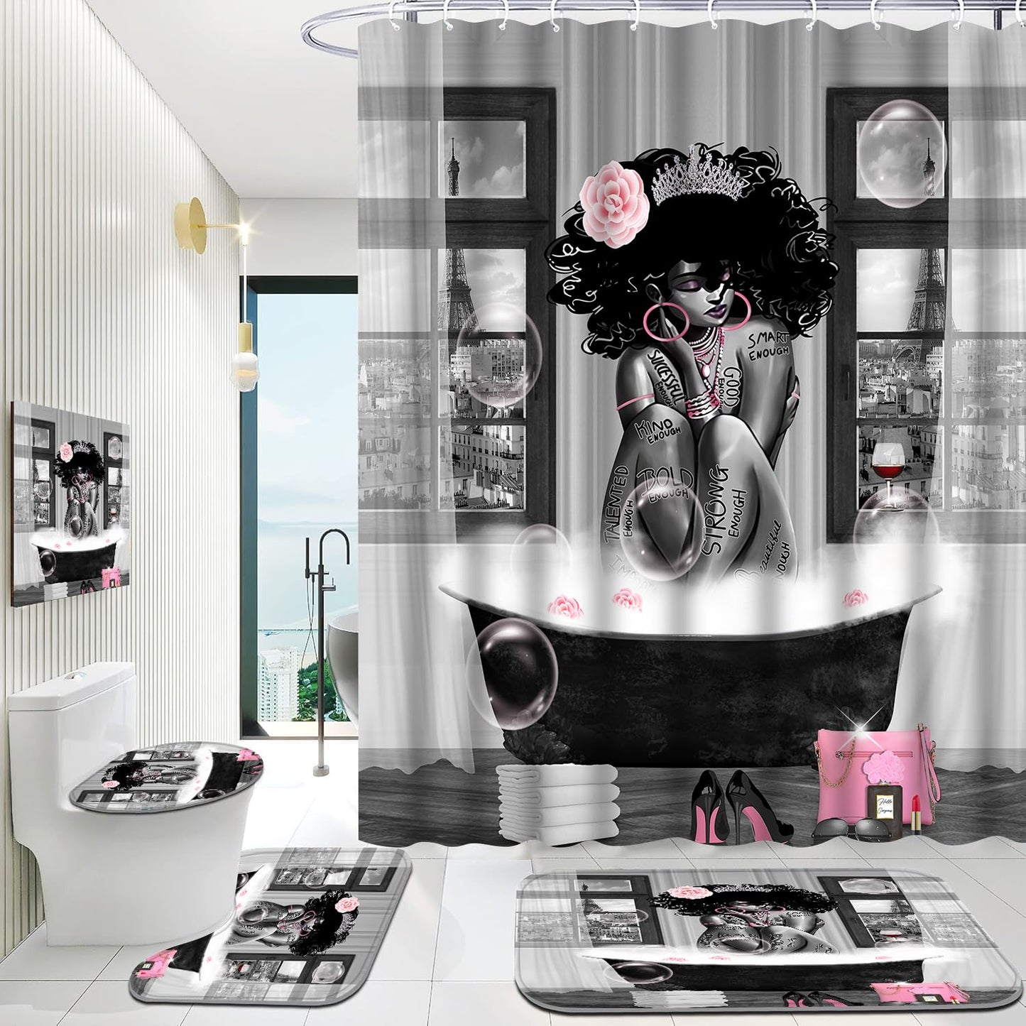 KOKGYM 4Pcs African American Shower Curtain Sets with Rugs, Black Girl Shower Curtain for Bathroom Decor Sets with Paris Eiffel Tower Art Pattern, Grey Waterproof juego de baño, with 12 PCS Hooks