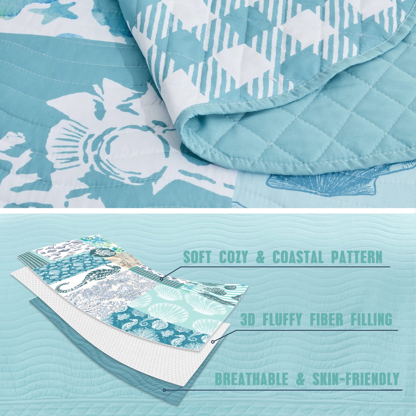 HZ & HY Coastal Oversized King Bedspread 128x120 Extra Wide, Reversible Beach Pattern Quilt Set King/Cal King, Lightweight Coverlet, Scalloped Edge - Nautical Coastal Look, 6 Piece, Seahorse