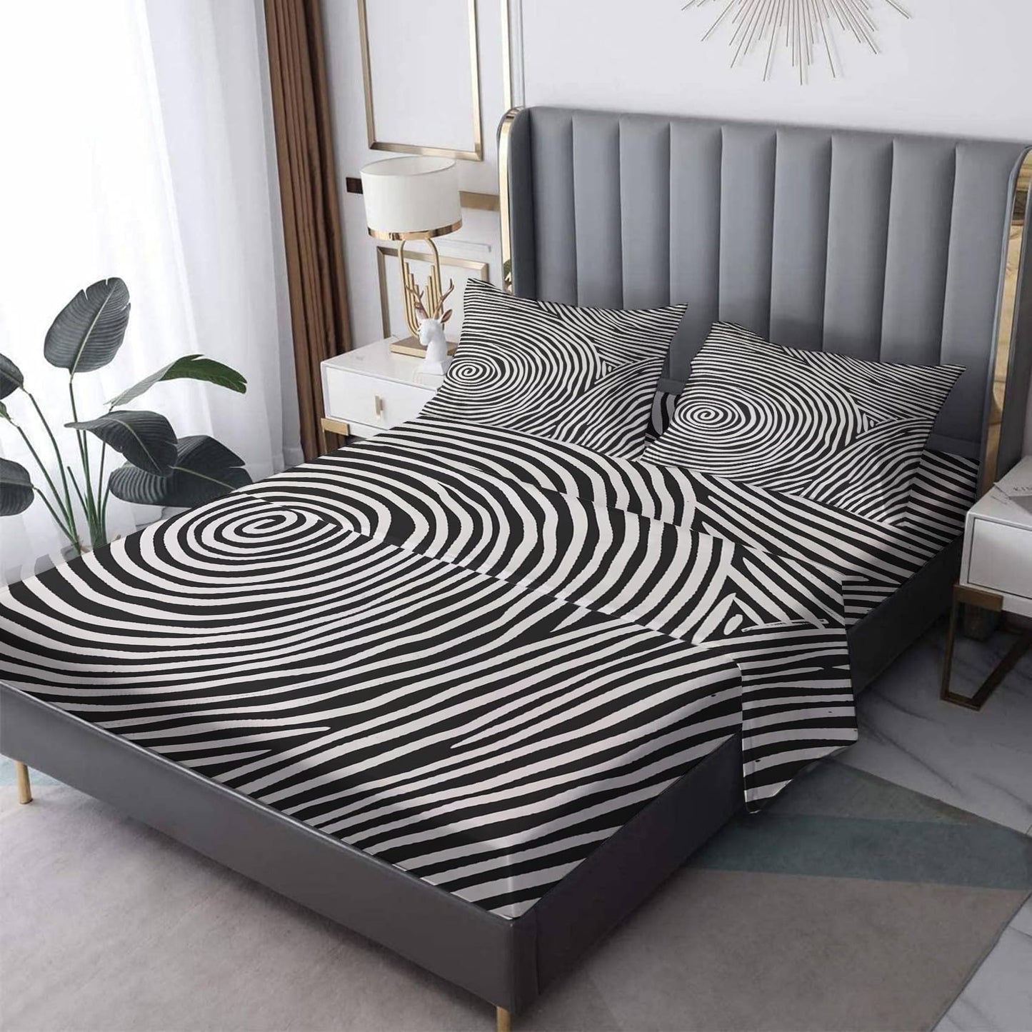 NOGAWA Abstract Sheets Cal King, Black and White Bed Sheets, Deep Pocket & Soft Microfiber Bedding Sheets & Pillowcases 4 Piece - Fitted Sheet & Flat Sheet & 2 Pillow Cases