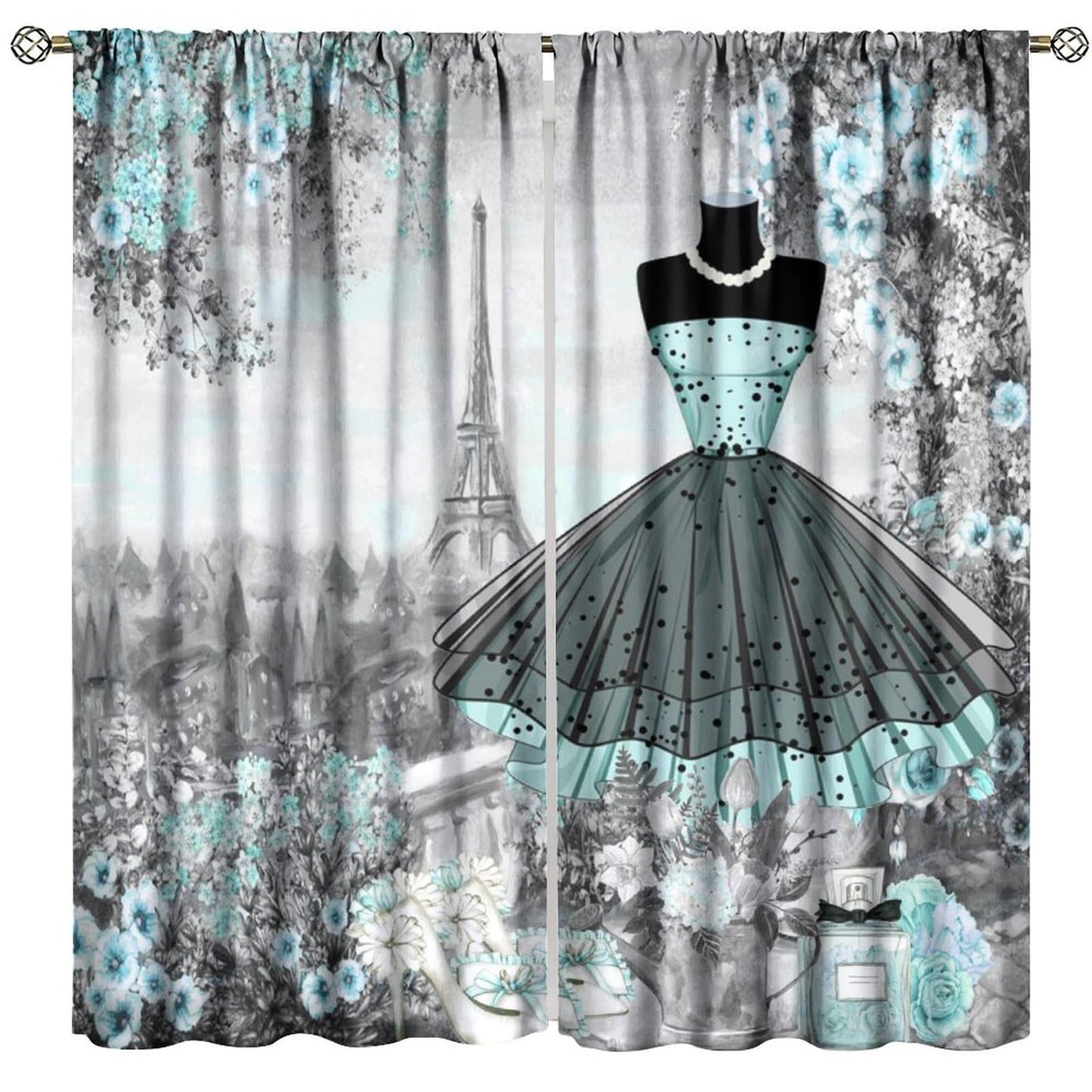 Nanacur Fashion Women Curtains, Dresses France Paris Floral Romantic Valentine's Day Perfume Eiffel Tower Window Drapes, for Bedroom Living Room 42" W X 45" L (Decorative)