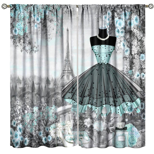 Nanacur Fashion Women Curtains, Dresses France Paris Floral Romantic Valentine's Day Perfume Eiffel Tower Window Drapes, for Bedroom Living Room 42" W X 45" L (Decorative)