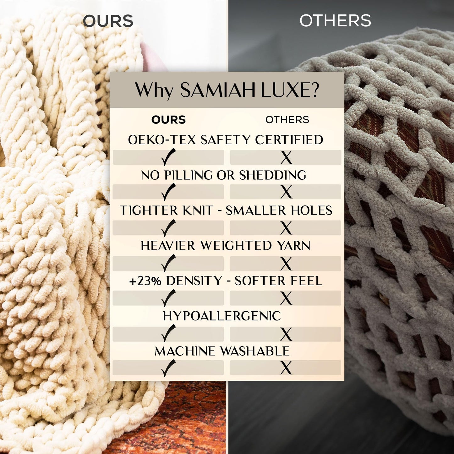 SAMIAH LUXE Chunky Knit Throw Blanket 50x60, Buttercream Cream Chenille Throw Blanket for Couch Bed Sofa, Soft Fluffy Cable Knit Blanket, Oeko-TEX Certified, Machine Washable
