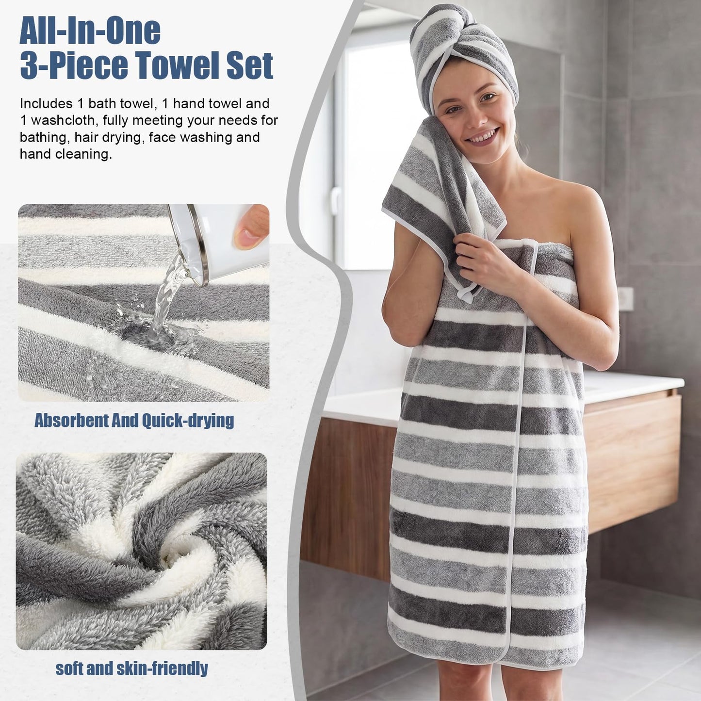 Newwiee 12 Pcs Stripe Bath Towel Microfiber Bathroom Sheet Set Included 4 Highly Absorbent Soft Quick Dry Shower Bath Towels 4 Hand Towel 4 Washcloths for Hotel Gym Spa (Gray,Blue)