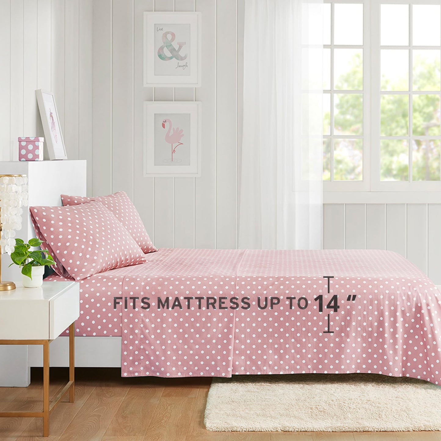 Intelligent Design Pink Queen Size Sheet Sets Kids Polka Dot Sheets for Girls 100% Cotton Percale Soft Flat and Fitted Sheet, Pillowcase, Breathable All Season Bed Set, Fits up to 14" Mattress
