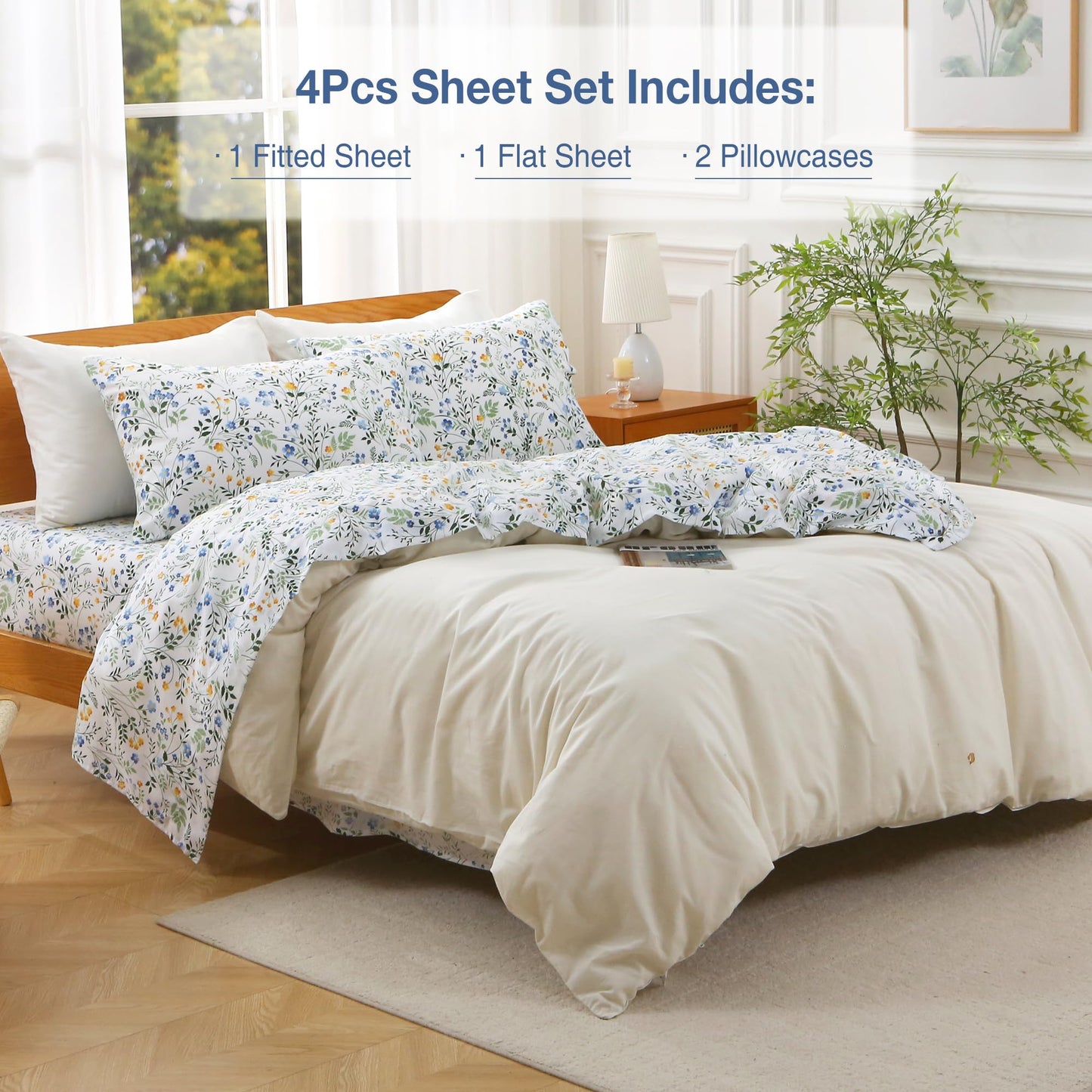 Viviland Queen Bed Sheet Set - 4 Piece Double Brushed Microfiber Bedding - Deep Pocket Up to 15", Ultra Soft, Breathable & Wrinkle Resistant Skin-Friendly Cooling Sheets for Adult - Sunlit Field(Q)